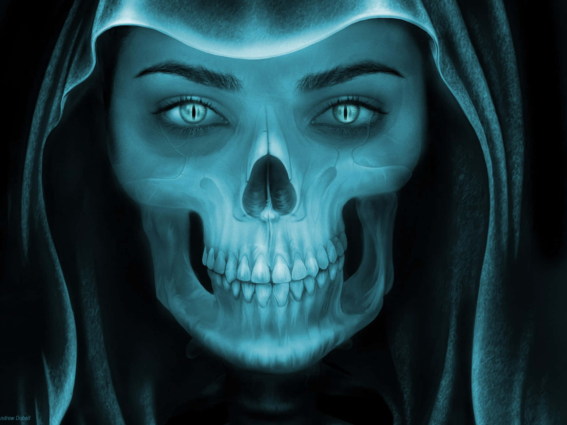 A Woman In A Blue Hooded Robe With Blue Eyes Background