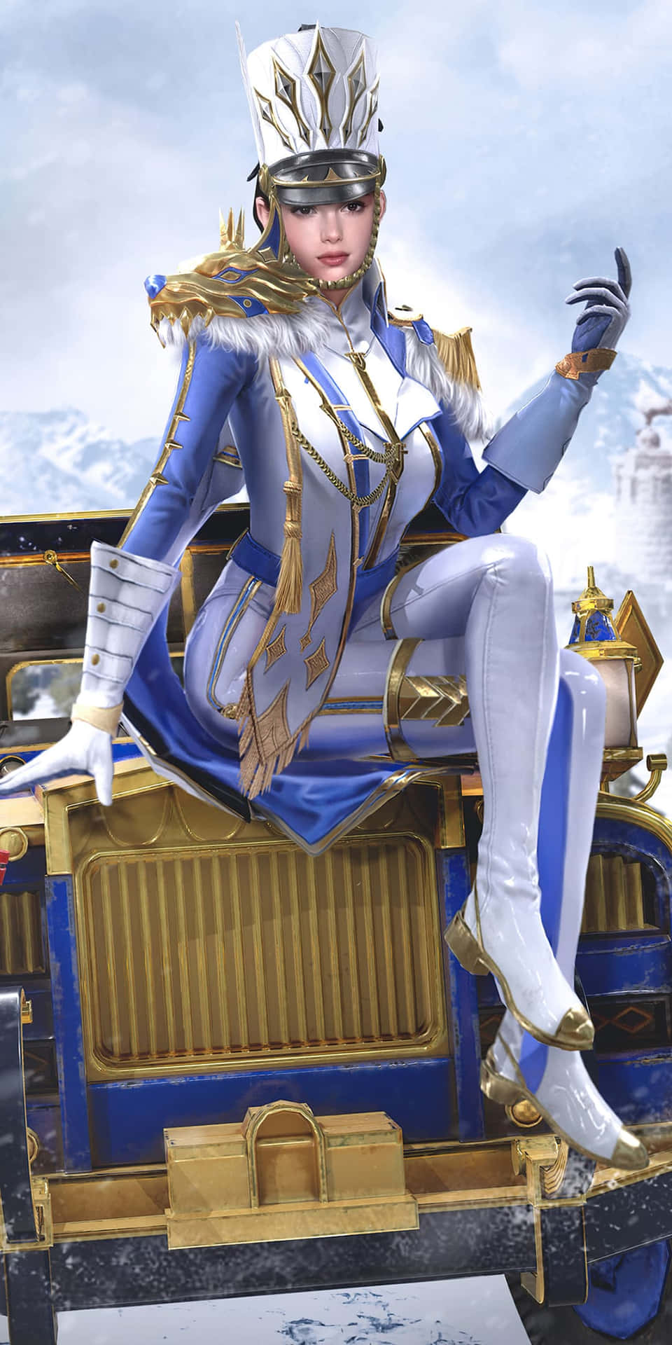 A Woman In A Blue Outfit Sitting On A Car Background