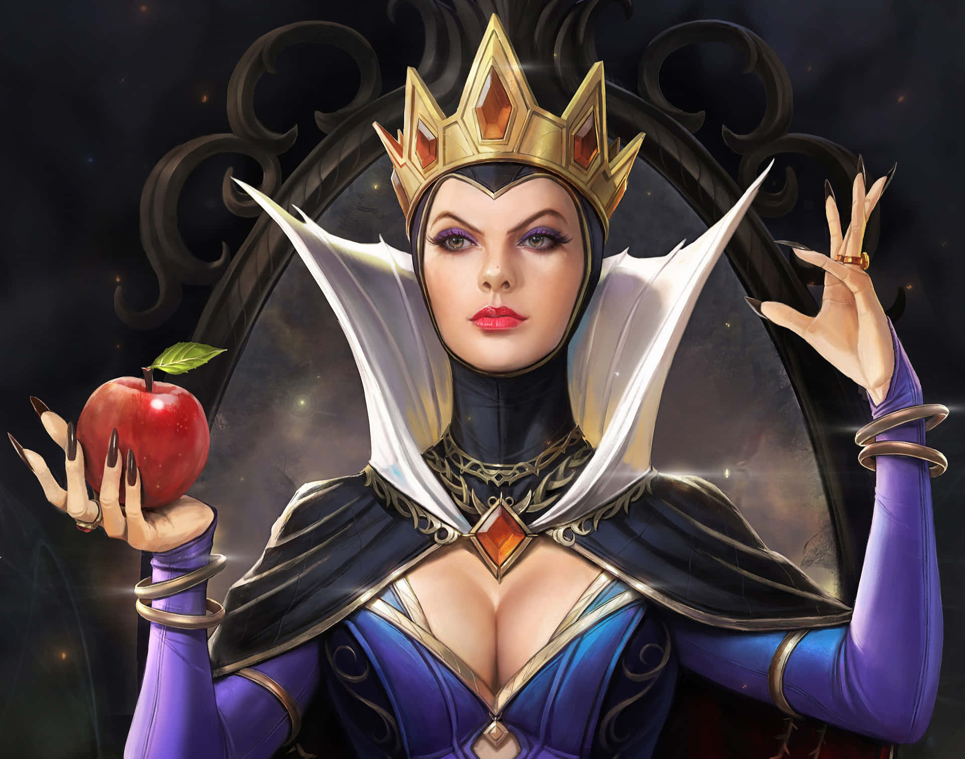 A Woman In A Costume Holding An Apple Background