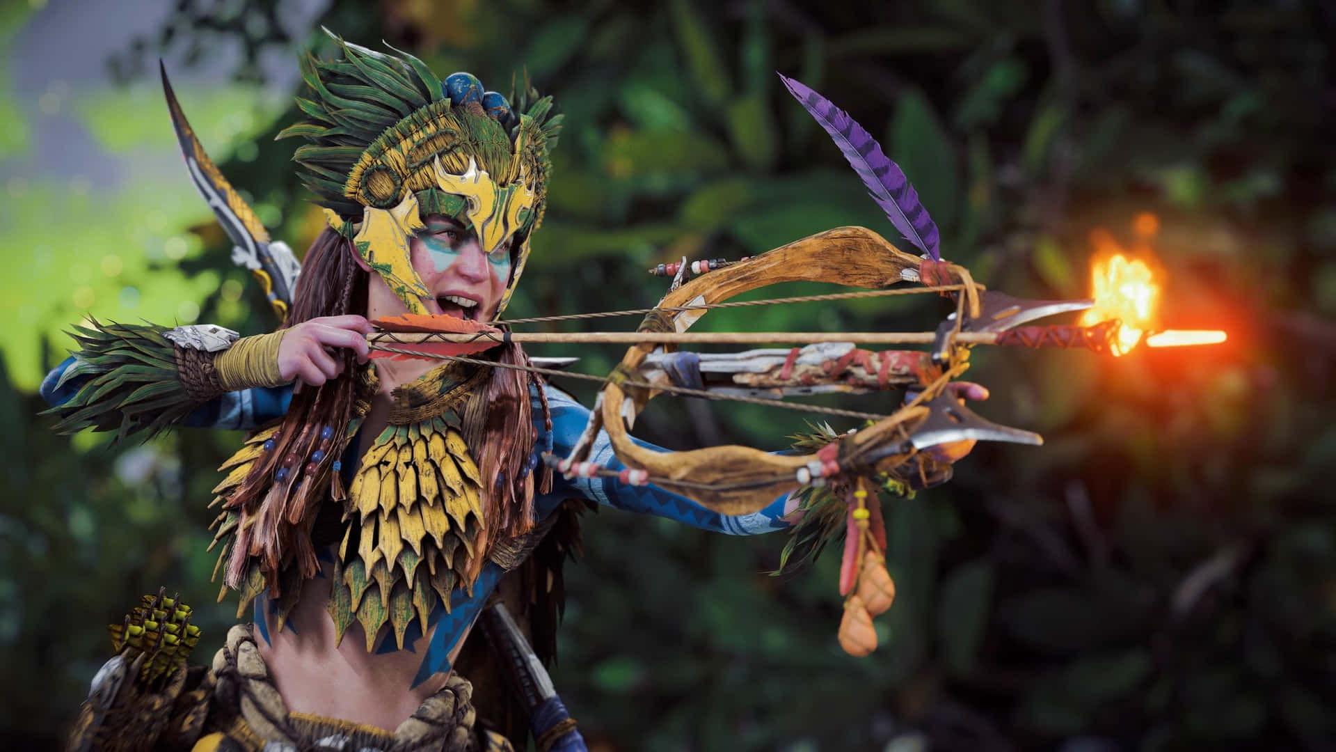 A Woman In A Costume Is Holding A Bow And Arrow Background