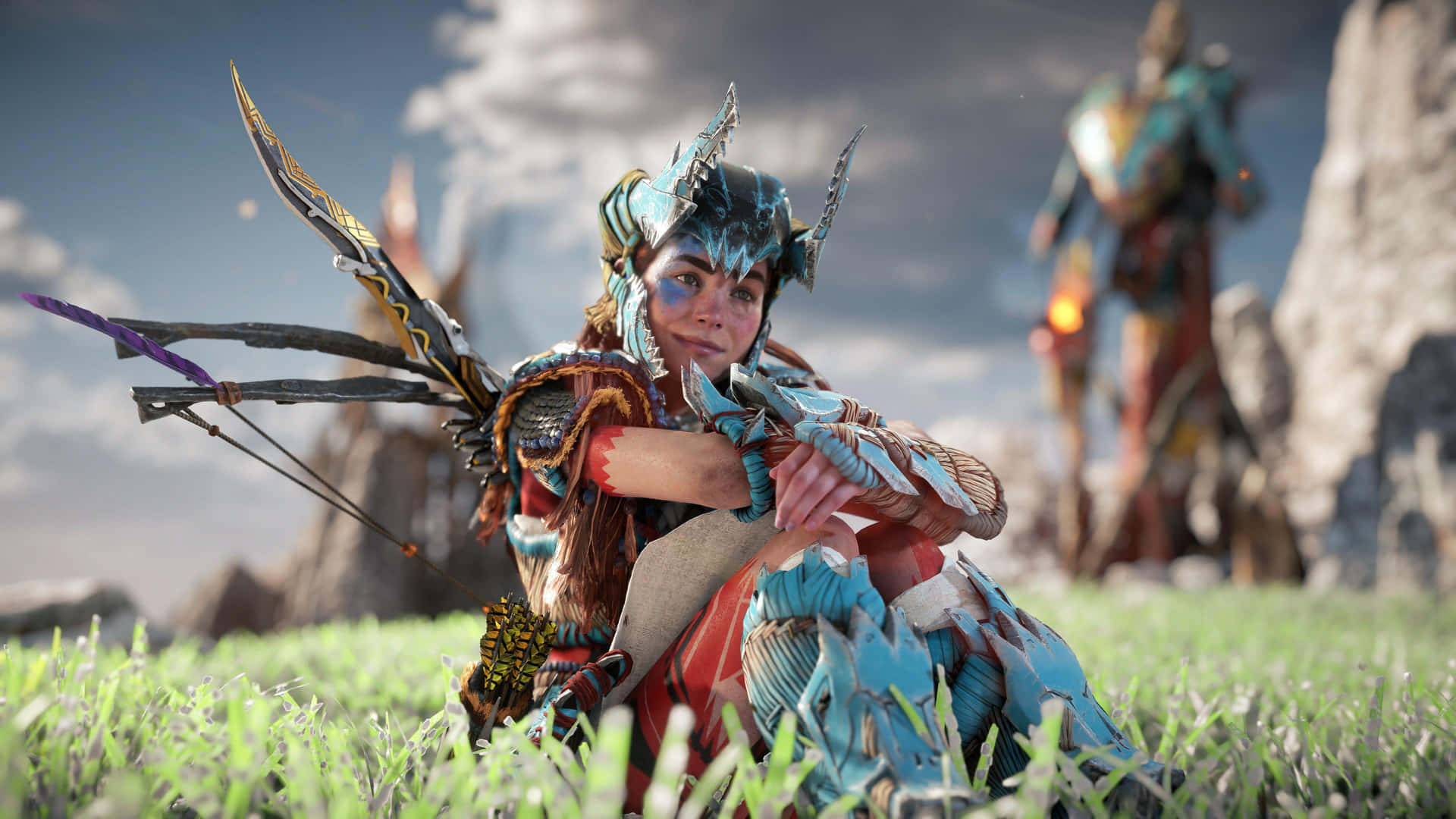 A Woman In A Fantasy Costume Sitting On A Grassy Field Background