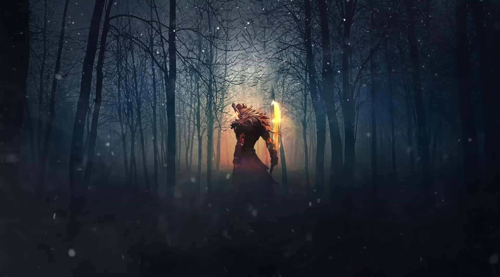 A Woman In A Forest Holding A Torch Background