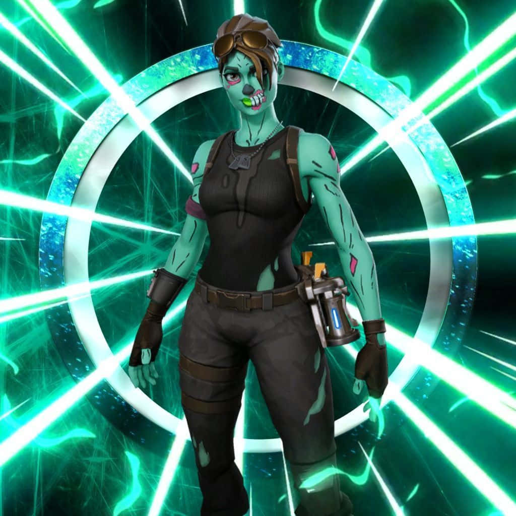 A Woman In A Green Costume With A Gun Background