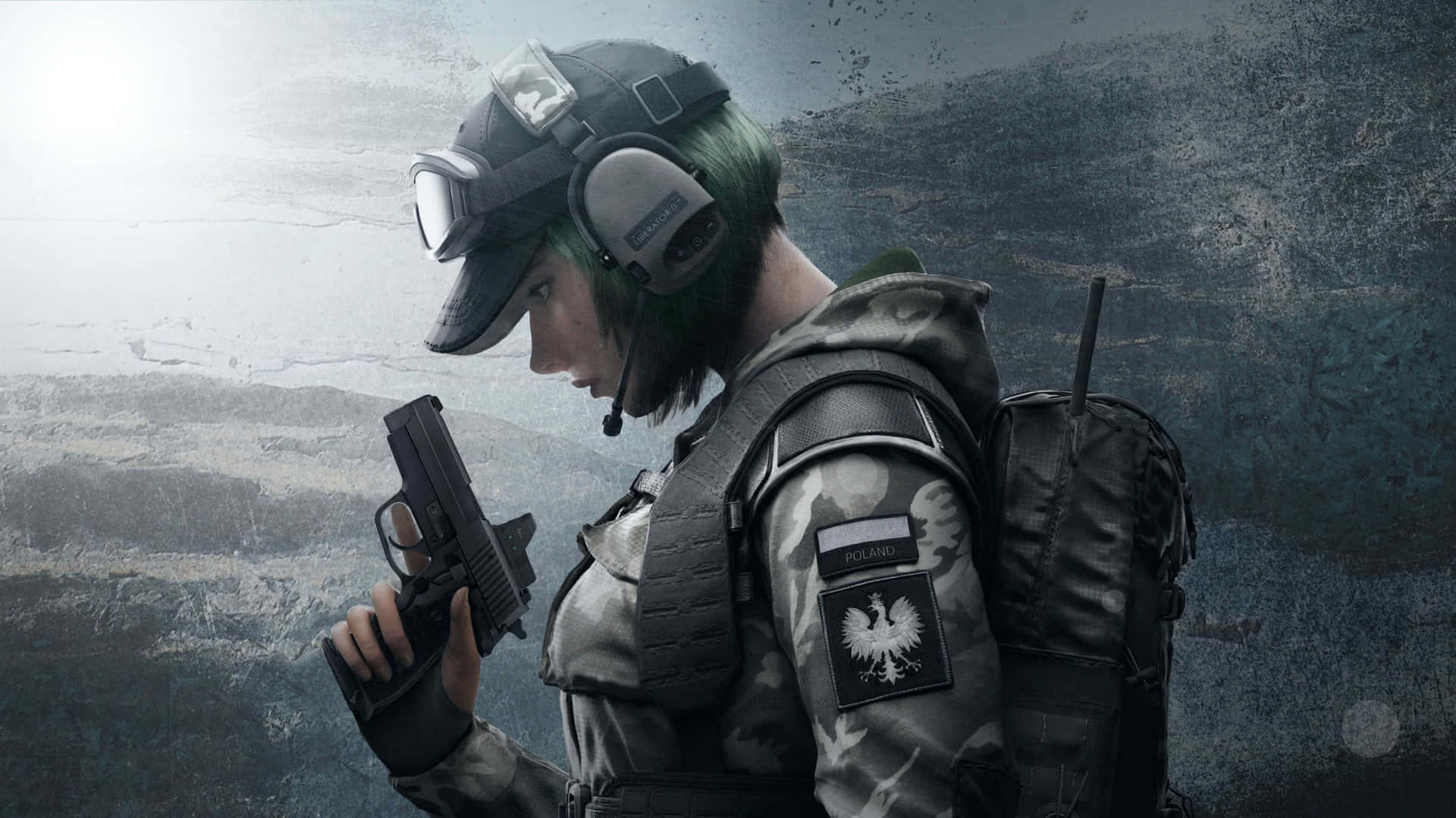 A Woman In A Green Uniform Holding A Gun Background