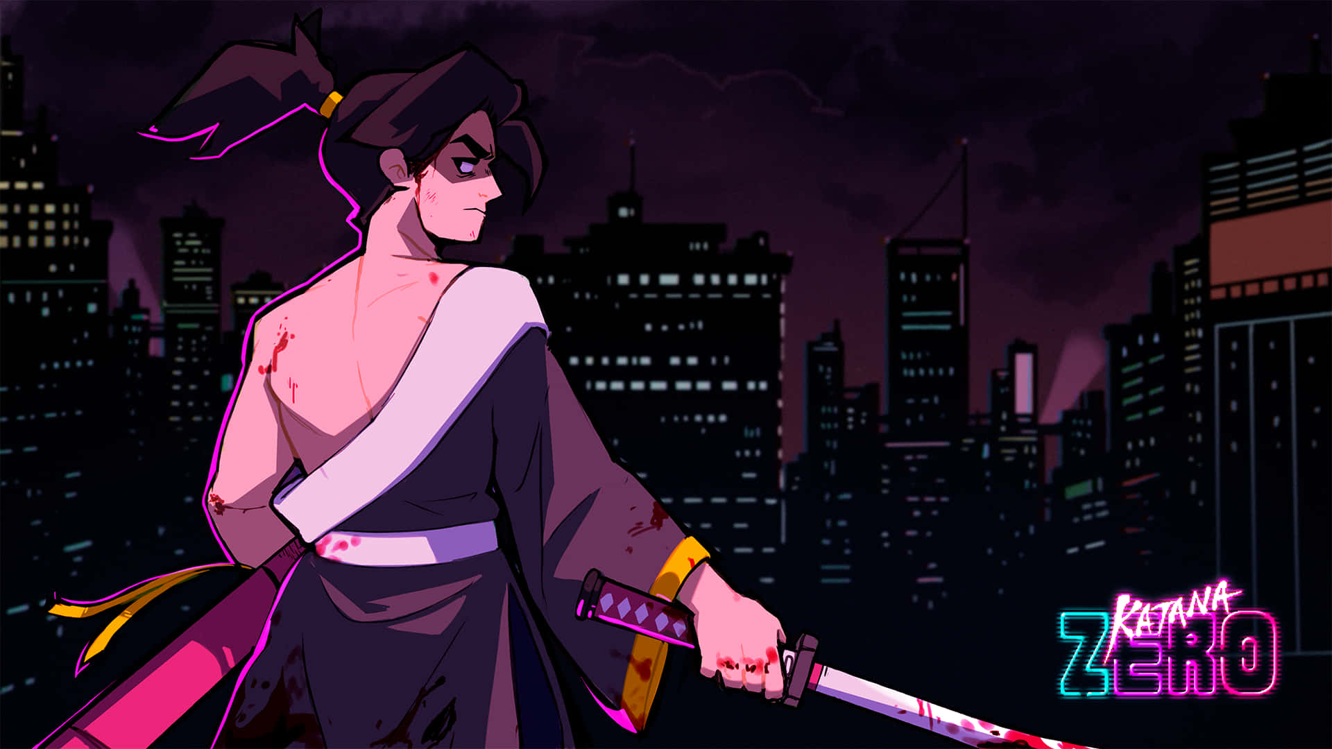 A Woman In A Kimono Holding A Sword In Front Of A City Background