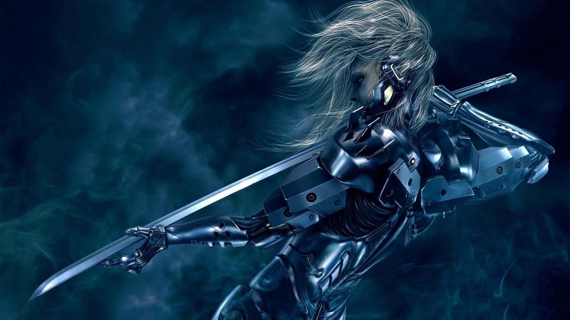 A Woman In A Metal Suit Holding A Sword Background
