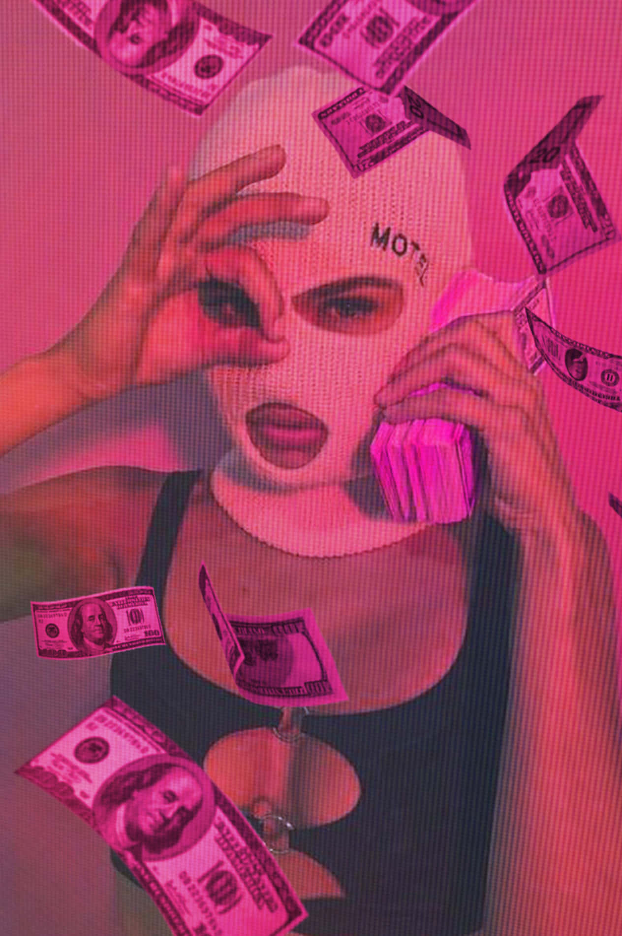 A Woman In A Pink Mask With Money Flying Around Her Background