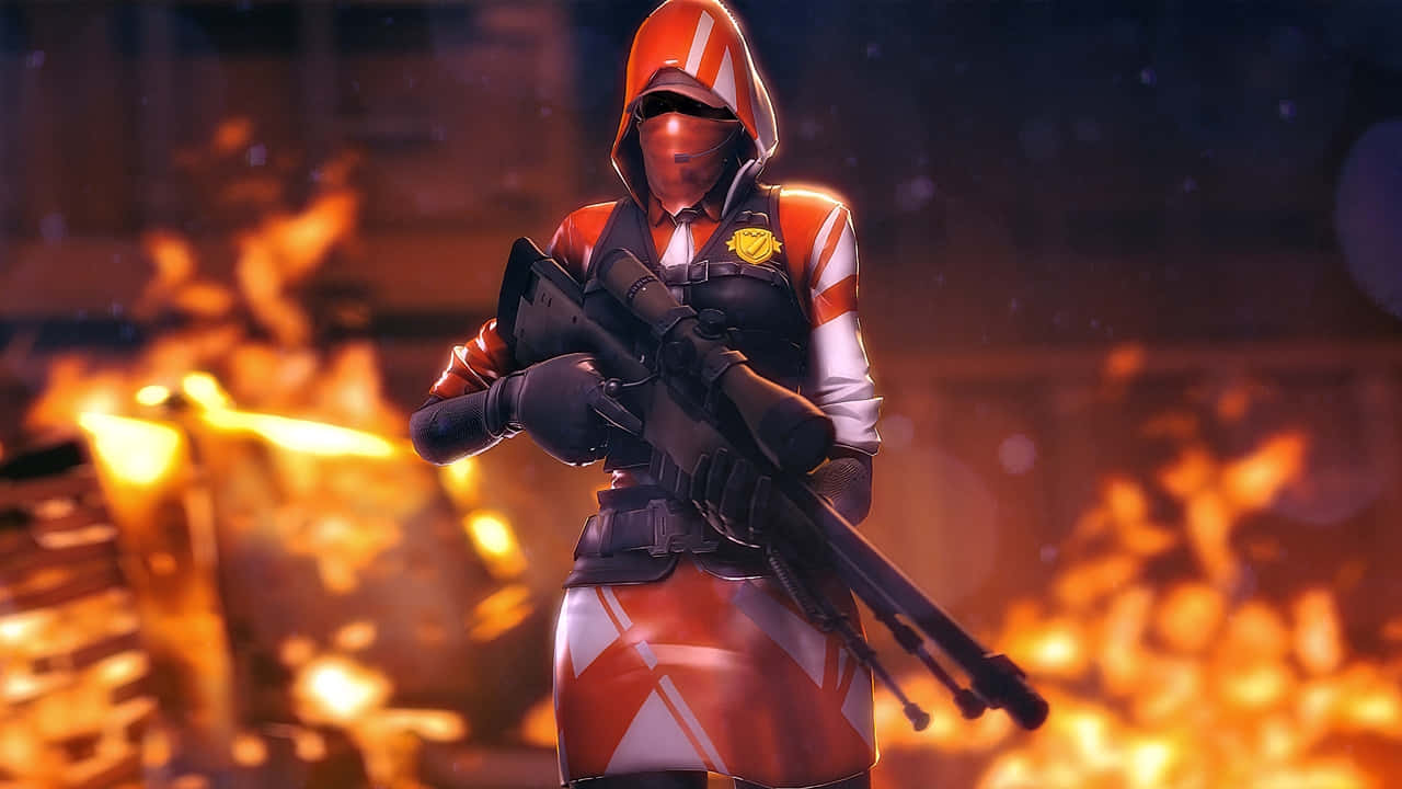 A Woman In A Red And White Outfit Holding A Rifle Background