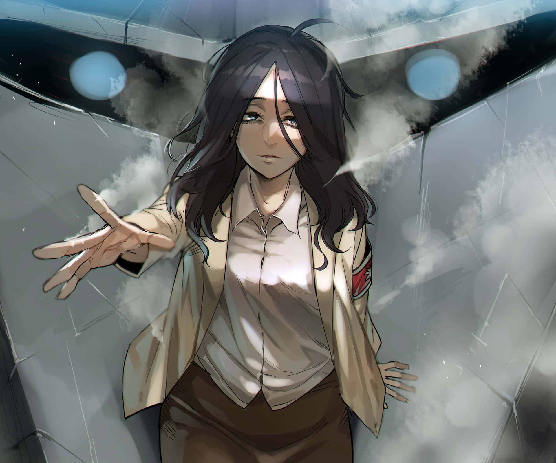 A Woman In A Suit Standing Next To A Robot Background