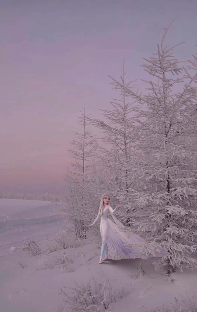 A Woman In A White Dress Is Standing In The Snow Background