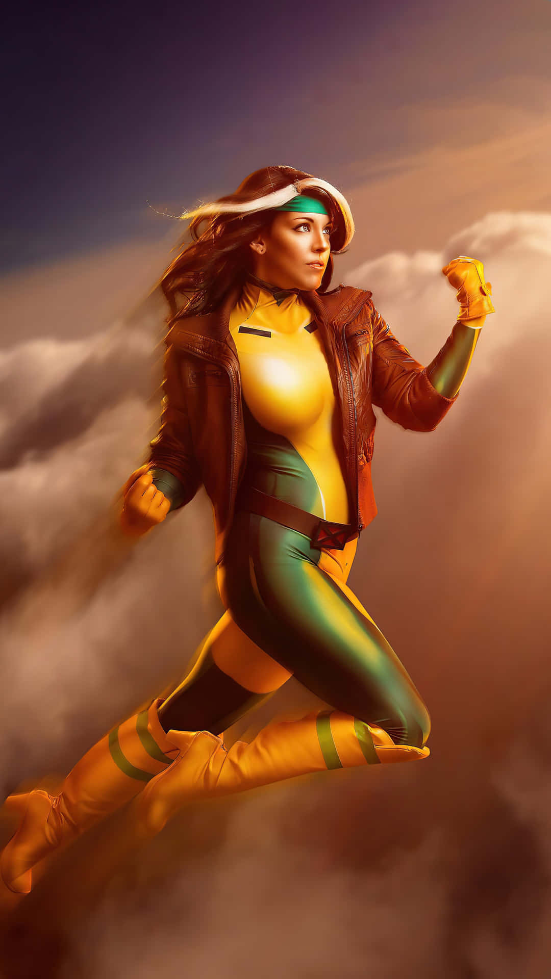 A Woman In A Yellow And Green Costume Flying Through The Clouds