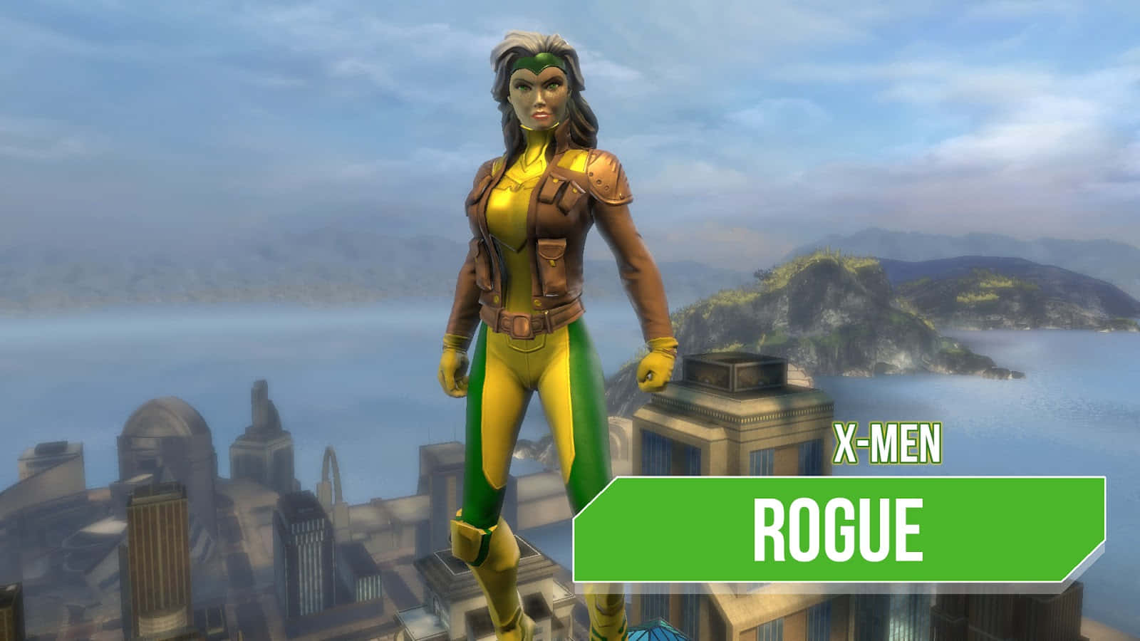 A Woman In A Yellow And Green Costume Is Standing On A City Background