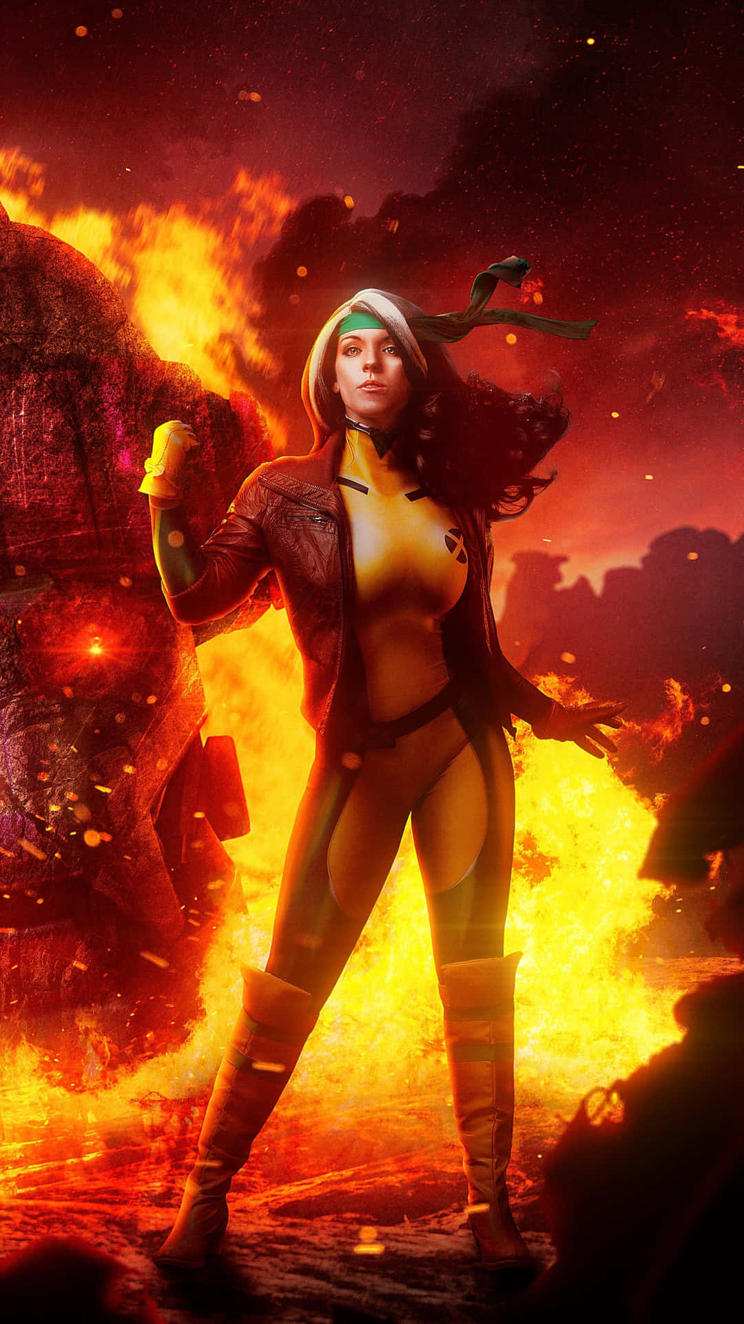 A Woman In A Yellow Costume Standing In Front Of A Fire Background