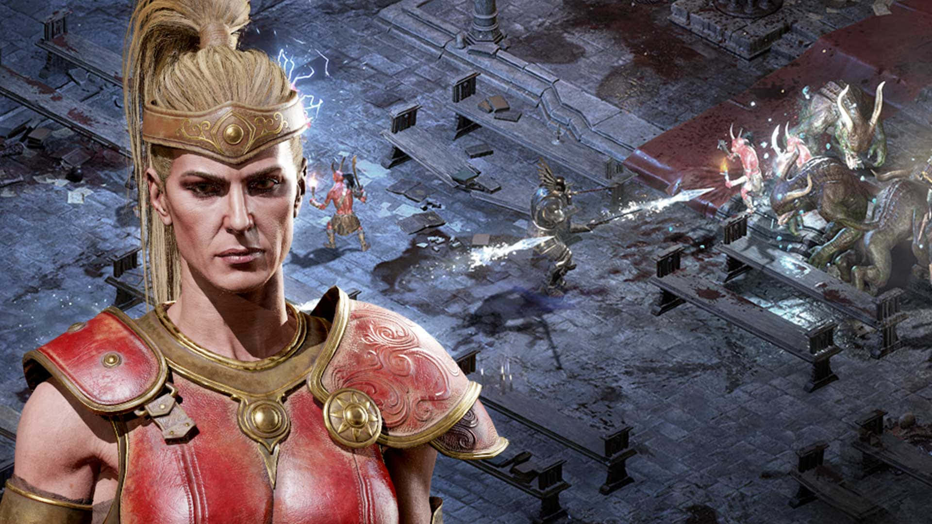 A Woman In Armor Is Standing In Front Of A Group Of Soldiers Background