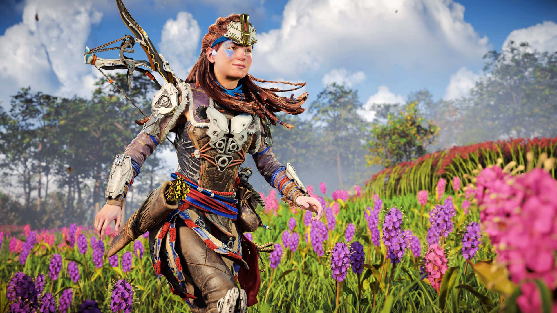 A Woman In Armor Is Walking Through A Field Of Flowers