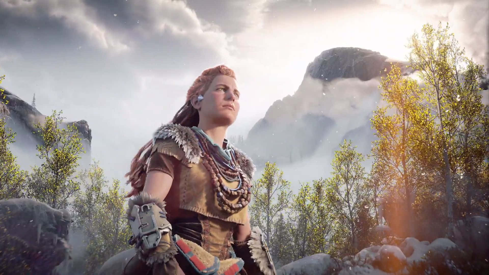 A Woman In Armor Standing In Front Of A Mountain Background