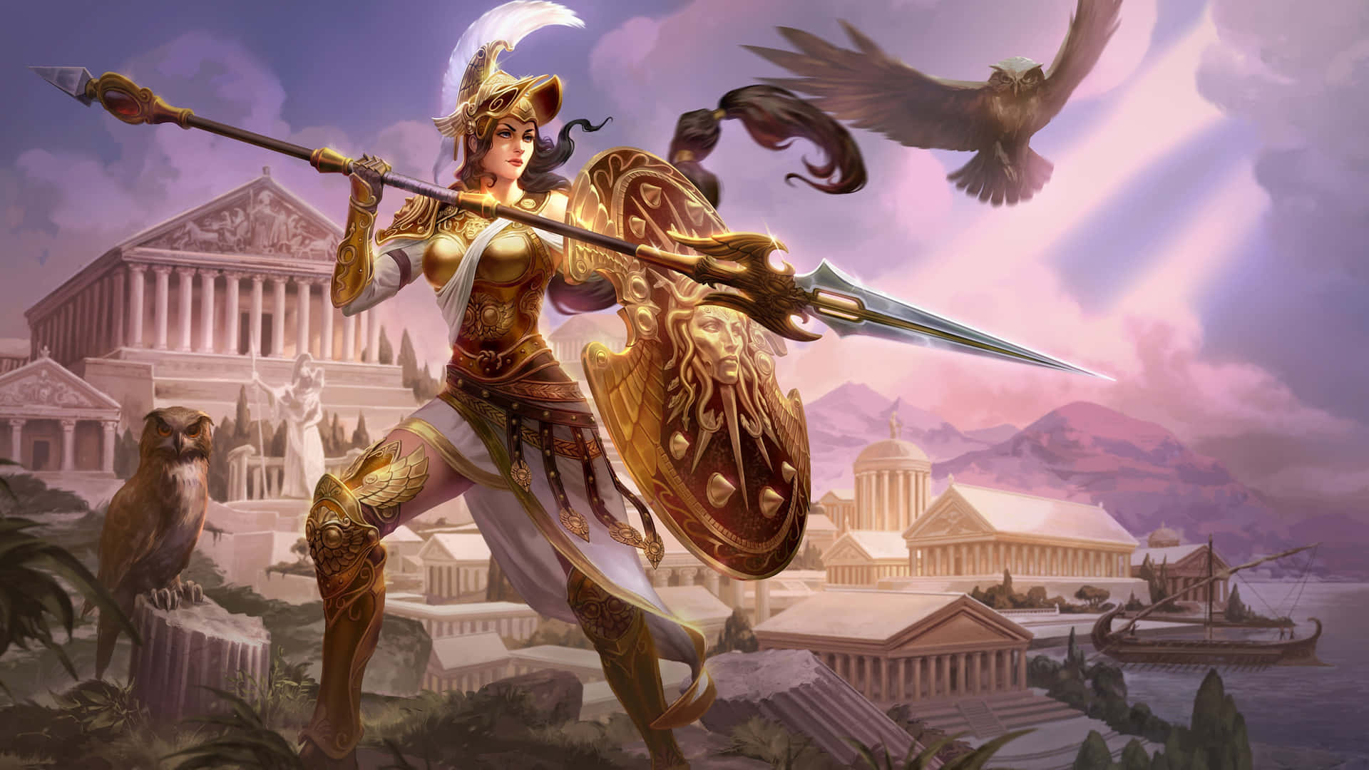 A Woman In Armor With A Sword And A Bird Background