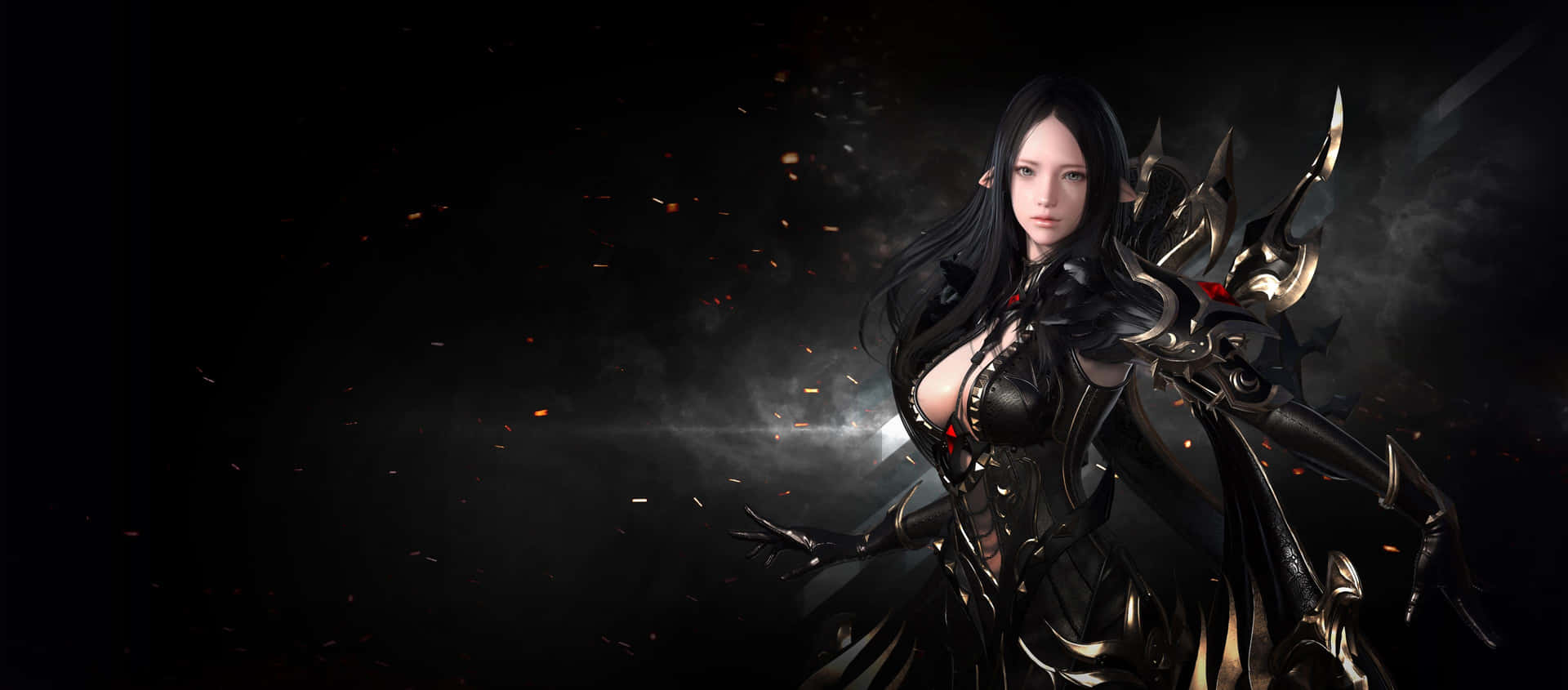 A Woman In Black Armor With Swords Background