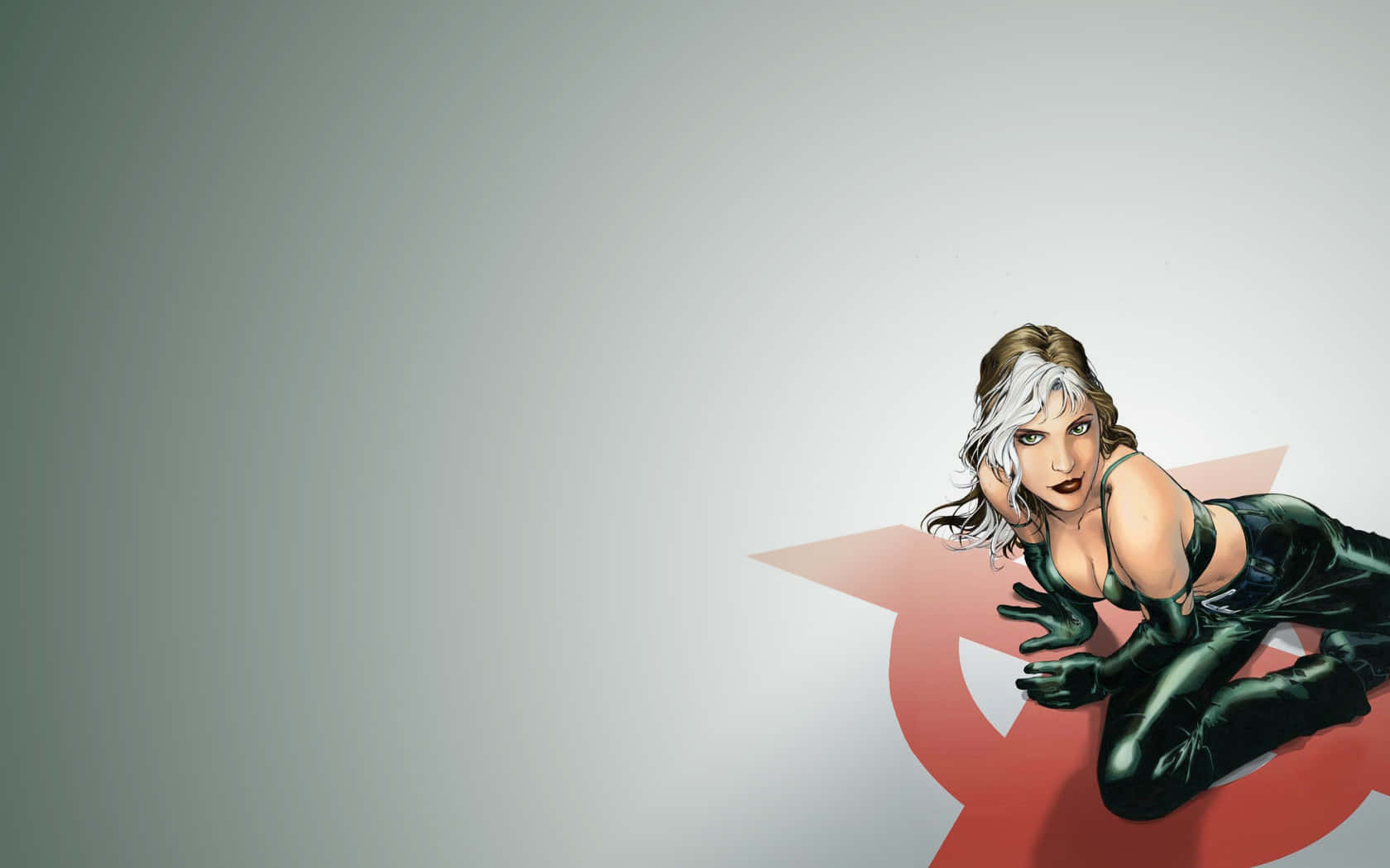 A Woman In Black Leather And A Red Star Background