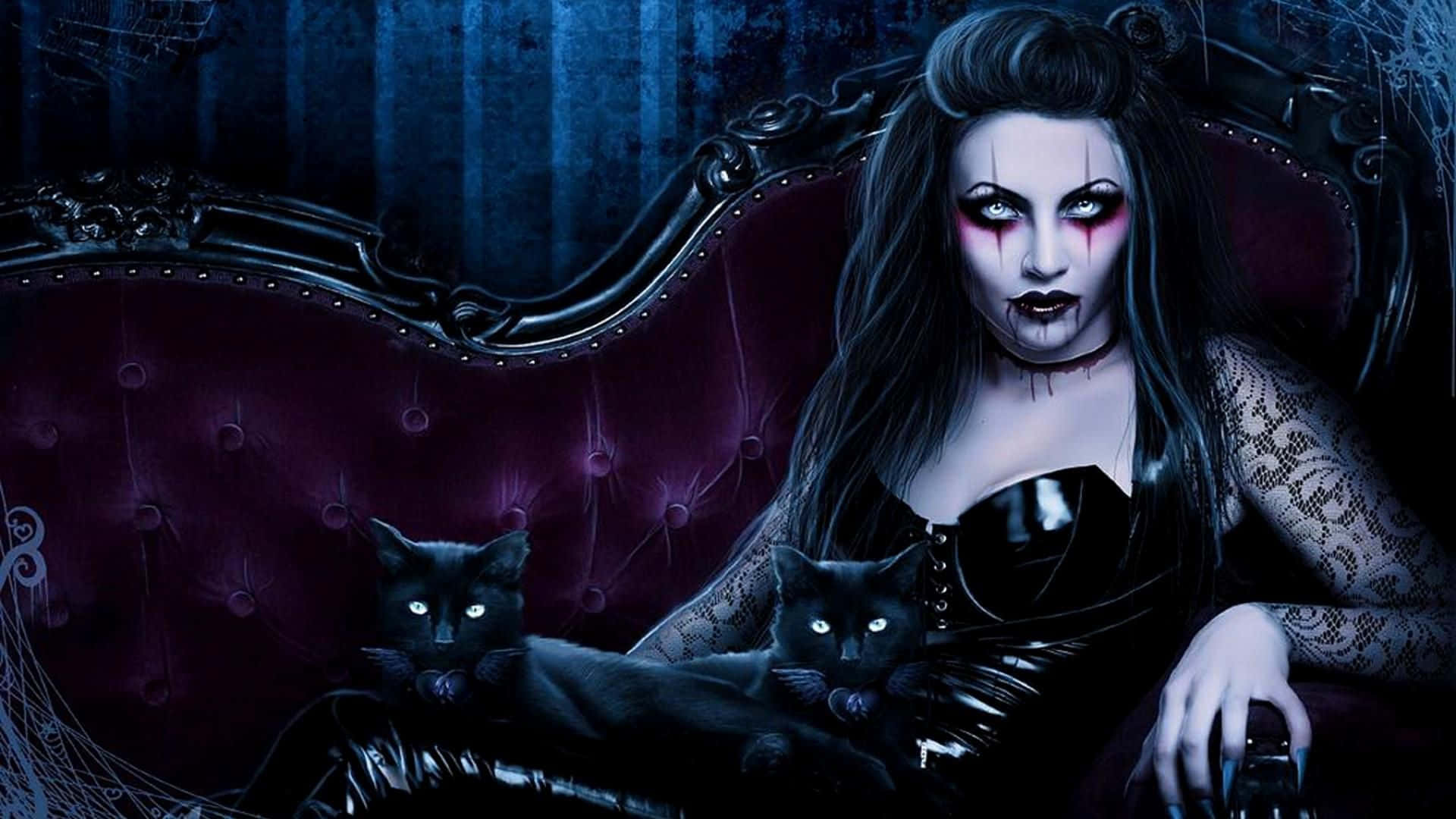 A Woman In Black Makeup Sitting On A Couch With Two Black Cats