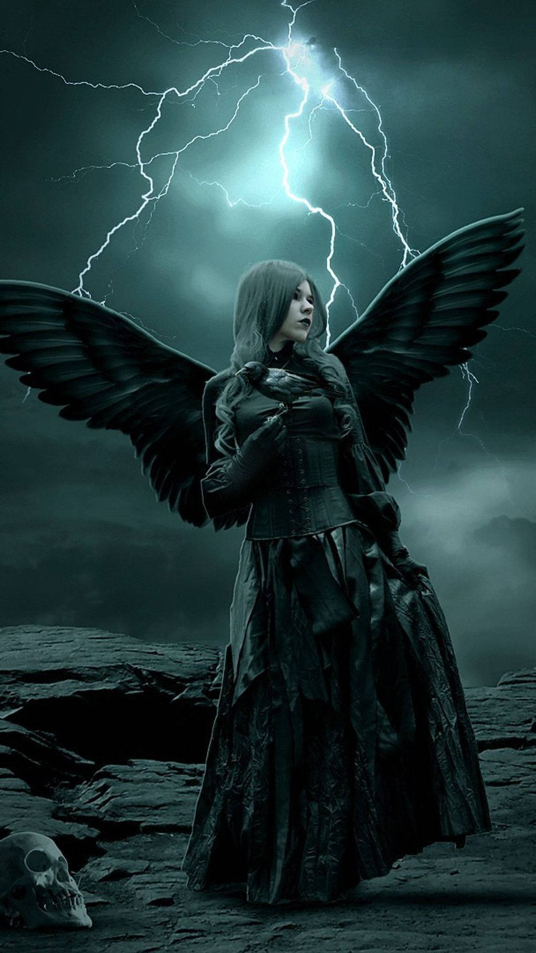 A Woman In Black With Wings Standing In Front Of A Storm