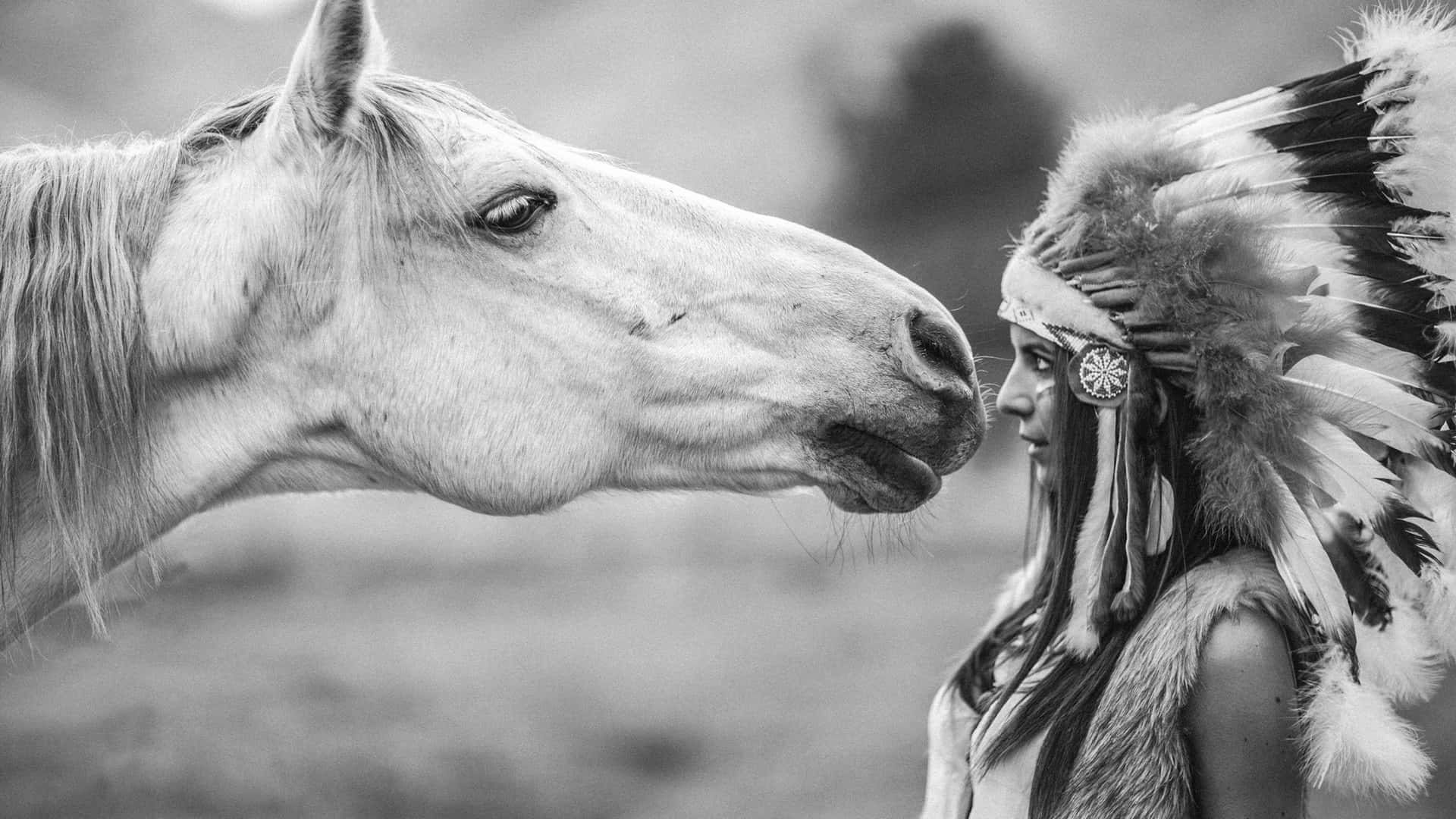 A Woman In Native American Headdress Kissing A Horse Background