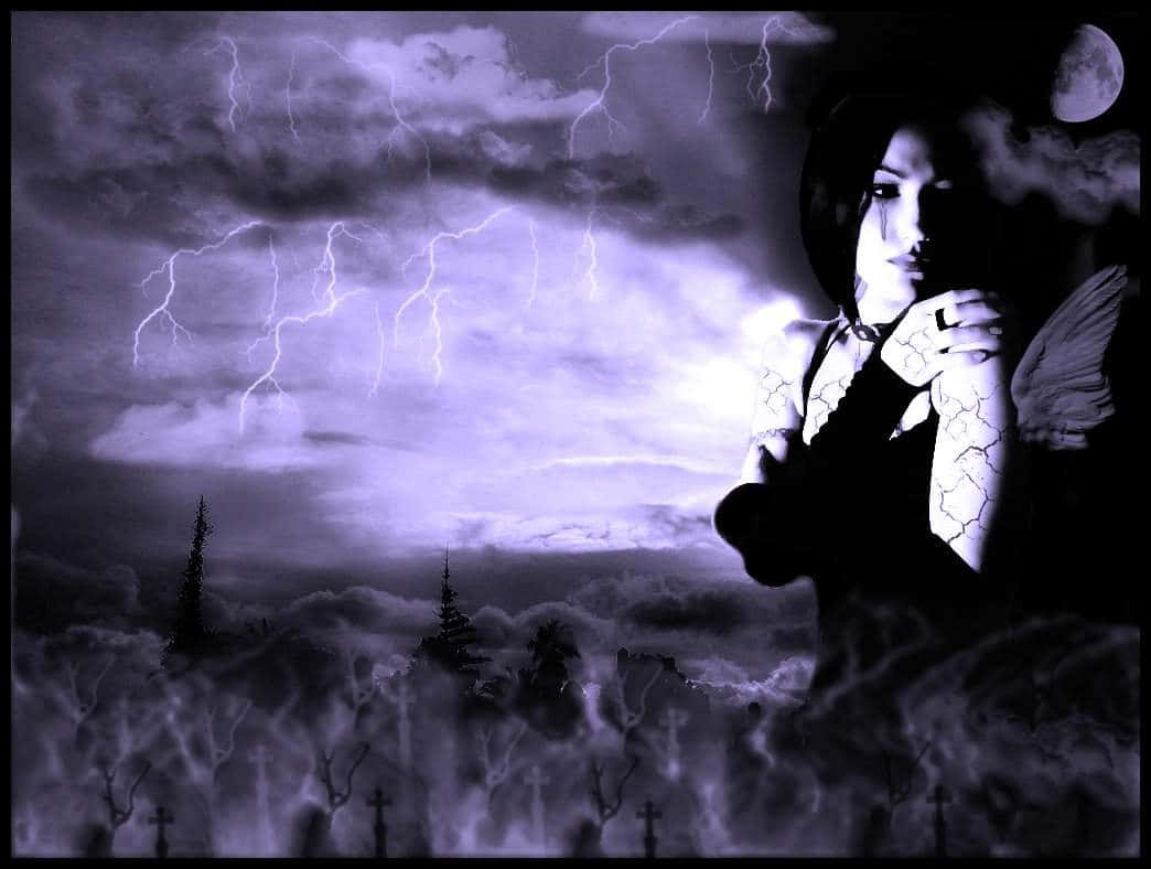 A Woman In Purple Standing In Front Of A Stormy Sky Background