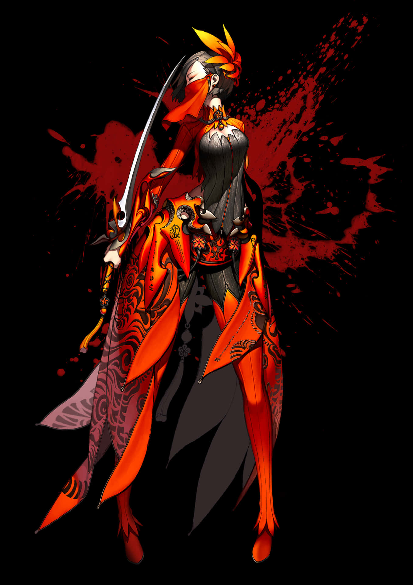 A Woman In Red And Black Holding A Sword Background