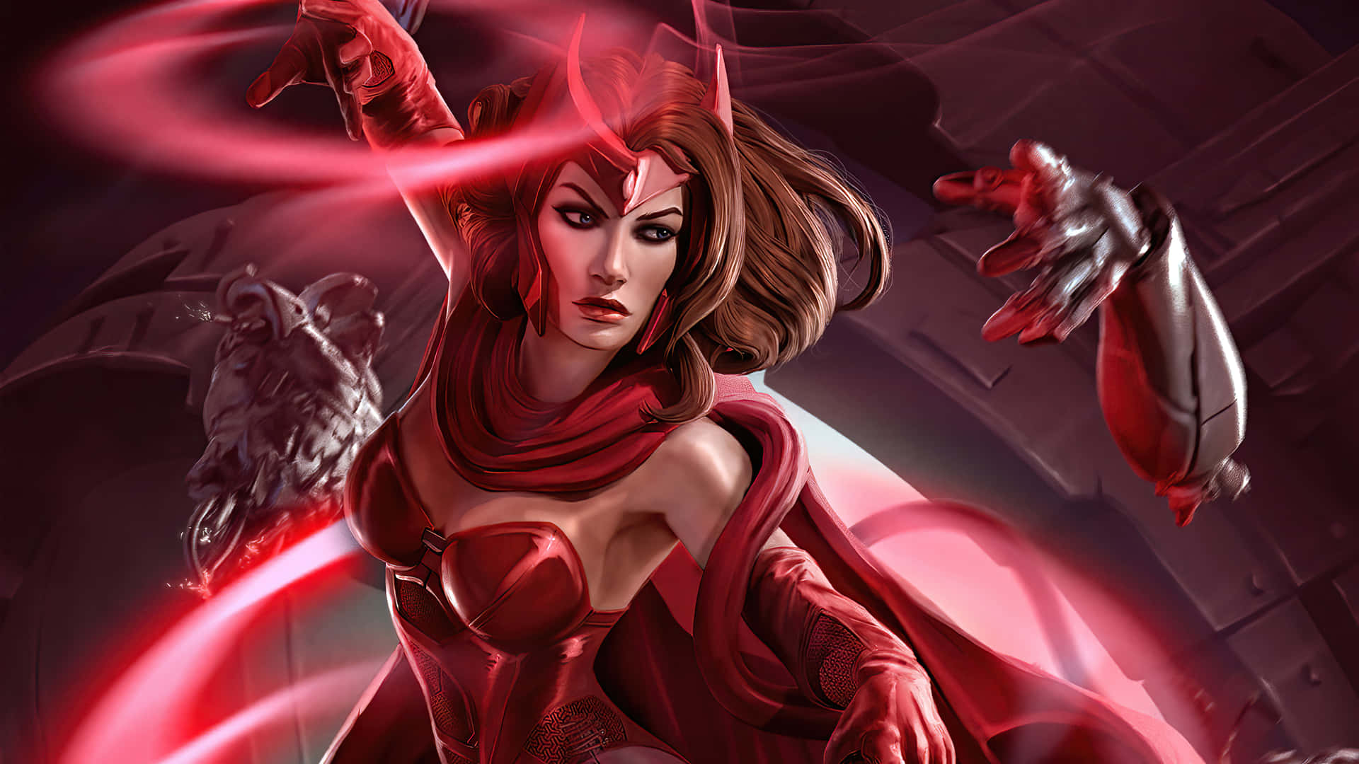 A Woman In Red Costume With A Sword Background