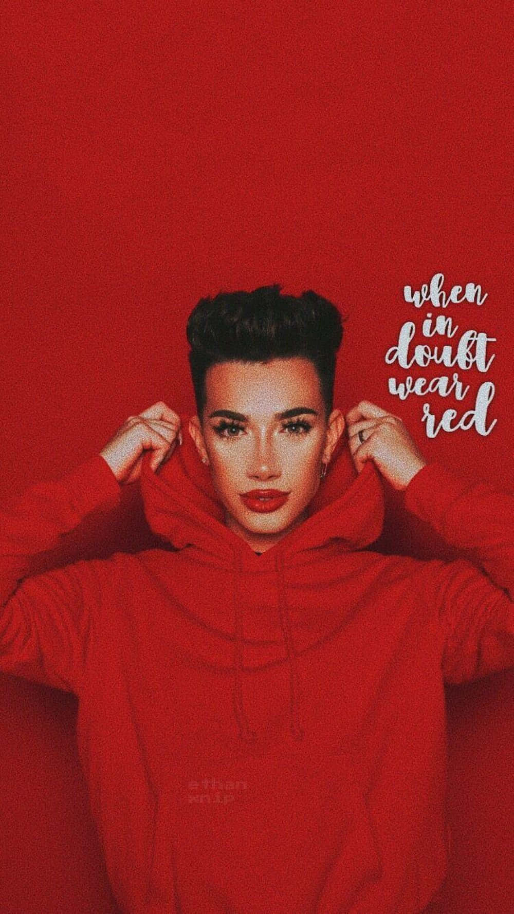 A Woman In Red Hoodie With The Words When I Think Red Background