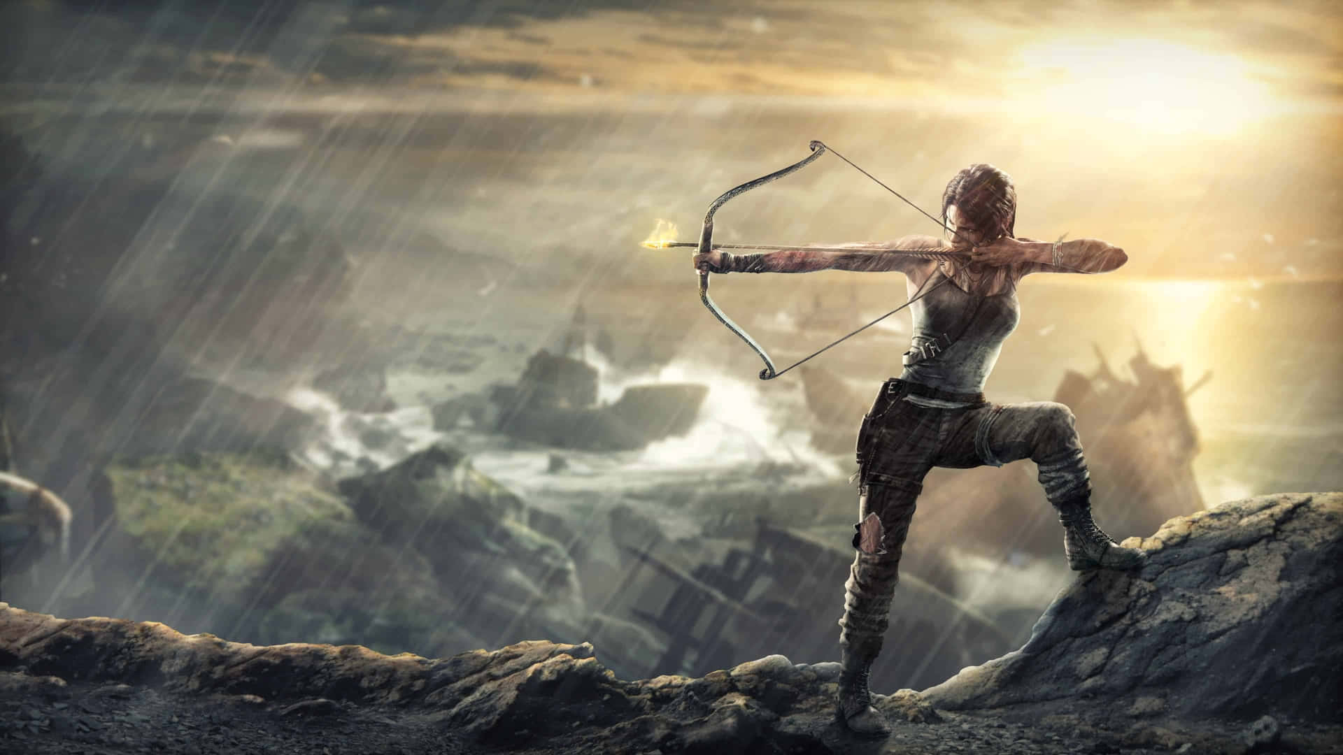 A Woman Is Aiming A Bow At A Mountain Background