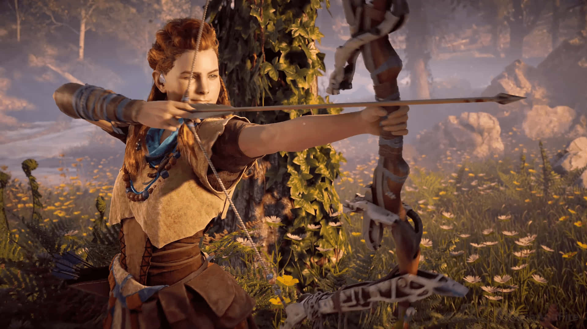 A Woman Is Aiming A Bow In A Forest Background