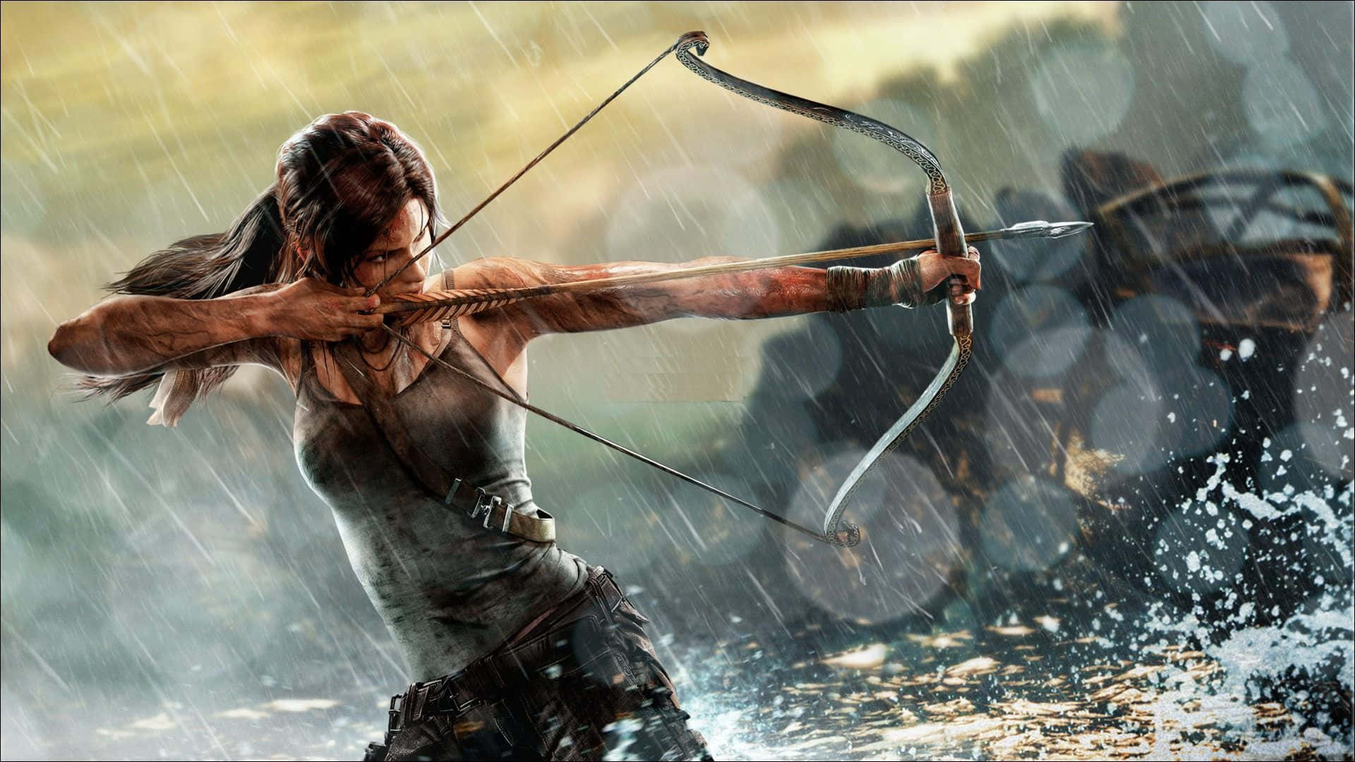 A Woman Is Aiming A Bow In The Rain