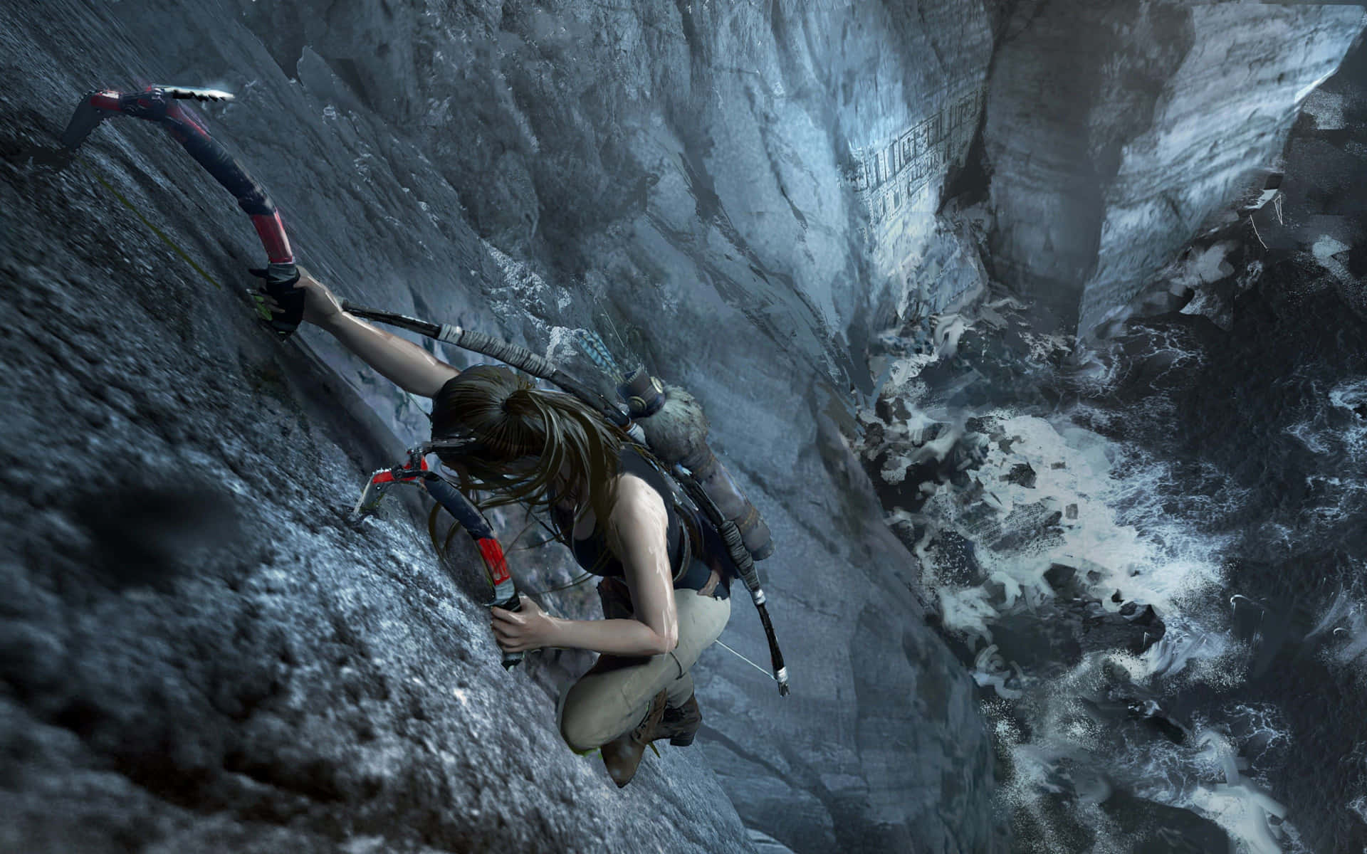 A Woman Is Climbing A Cliff With A Sword Background