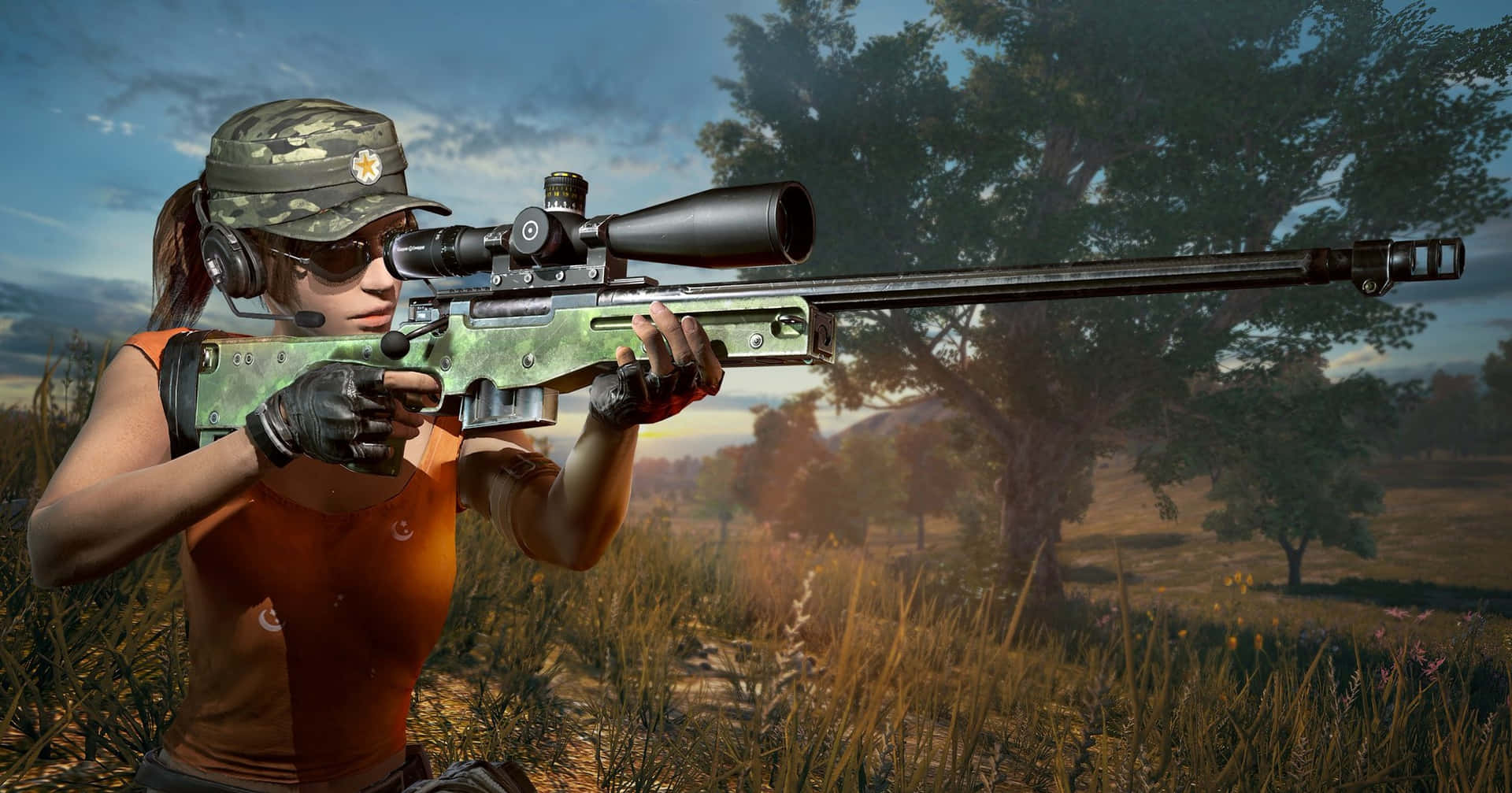 A Woman Is Holding A Rifle In A Field Background