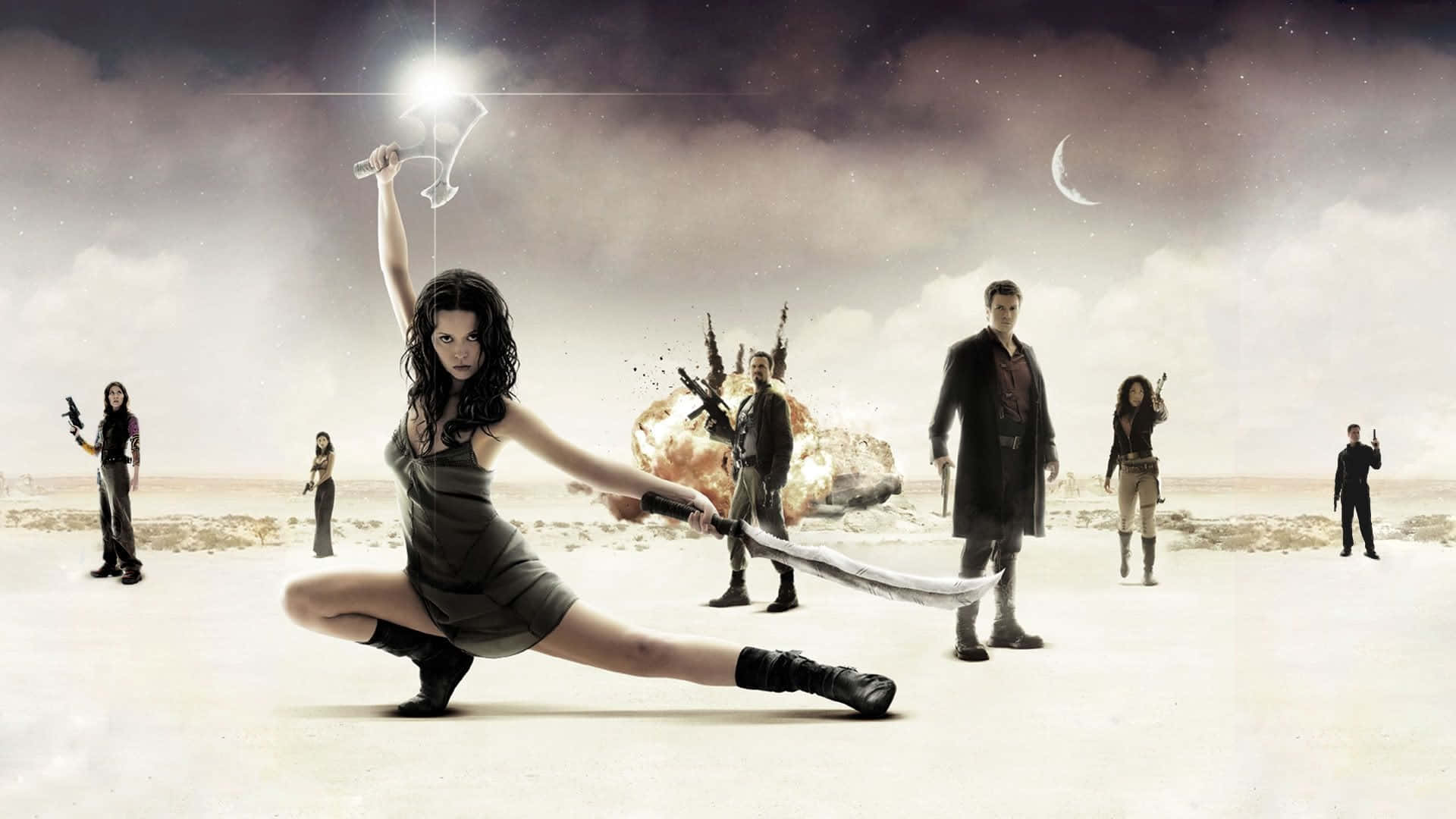 A Woman Is Holding A Sword In Front Of A Group Of People Background