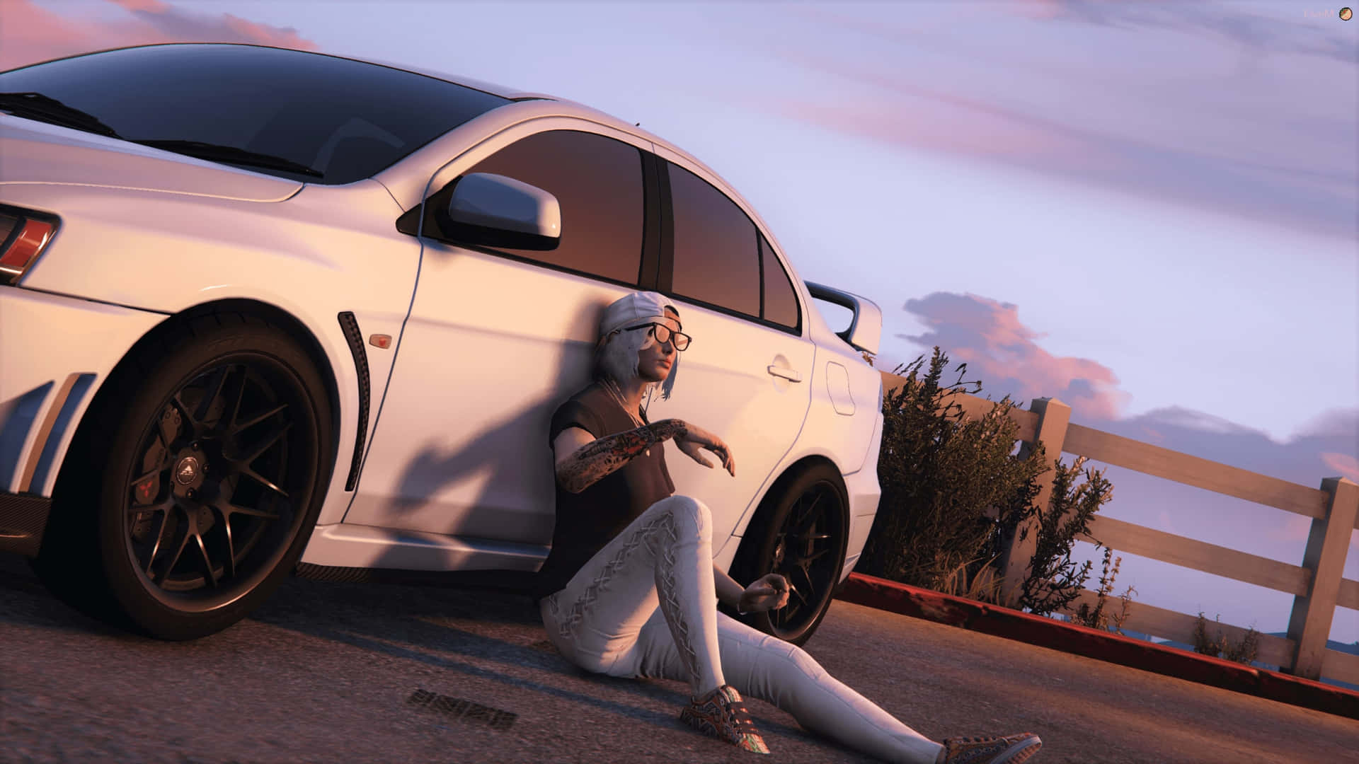 A Woman Is Laying On The Ground Next To A White Car Background