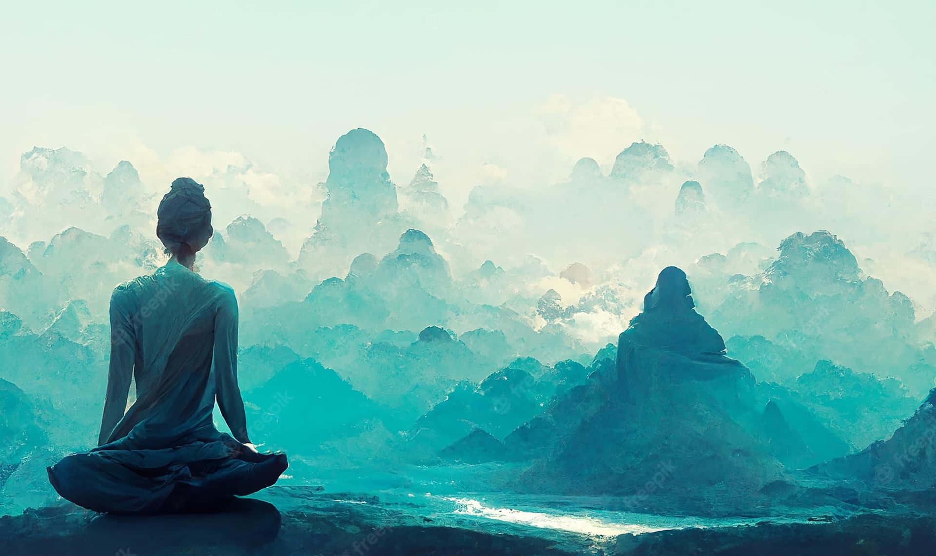 A Woman Is Sitting In A Lotus Position In Front Of Mountains Background