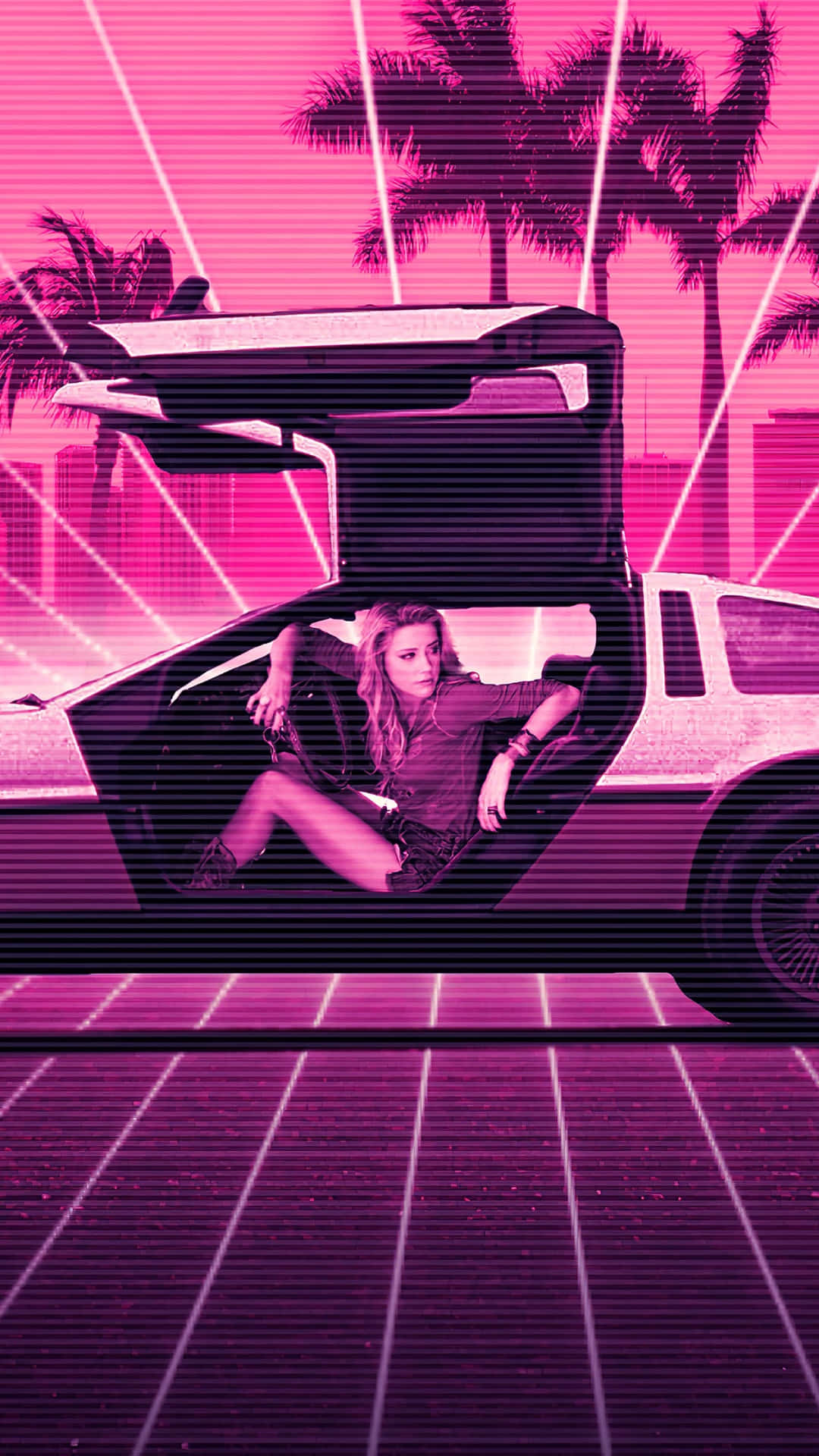 A Woman Is Sitting In A Pink Car With Palm Trees Background