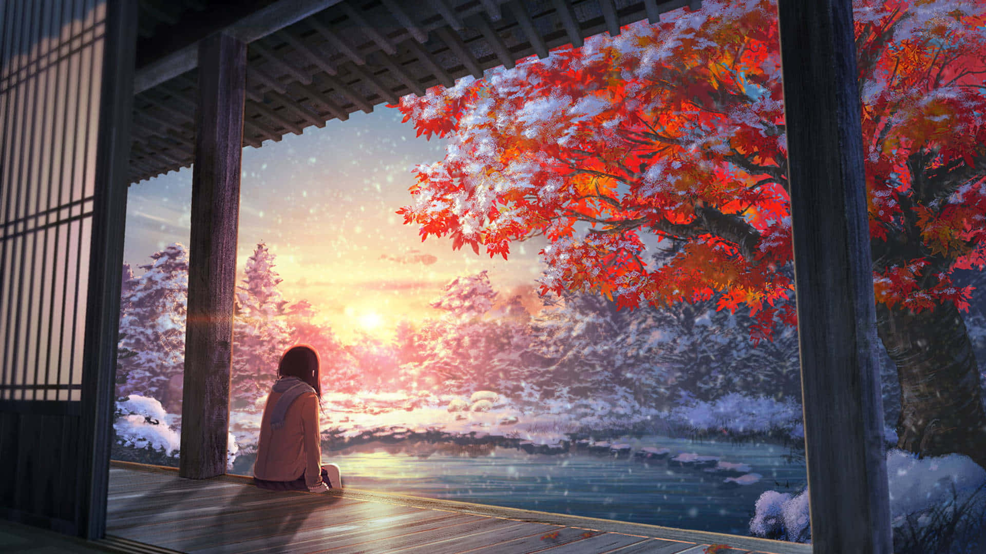 A Woman Is Sitting On A Porch Looking Out At The Snow Background