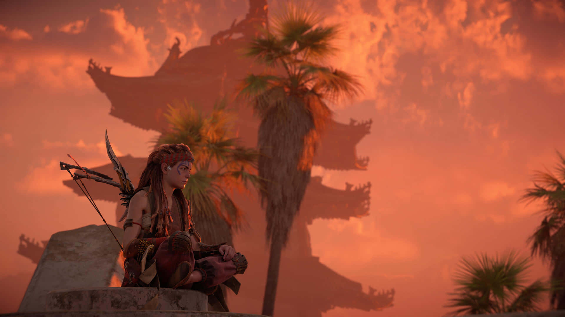 A Woman Is Sitting On A Stone Bench In Front Of A Pagoda Background