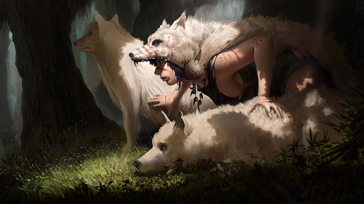 A Woman Is Sitting On A Wolf In The Woods Background