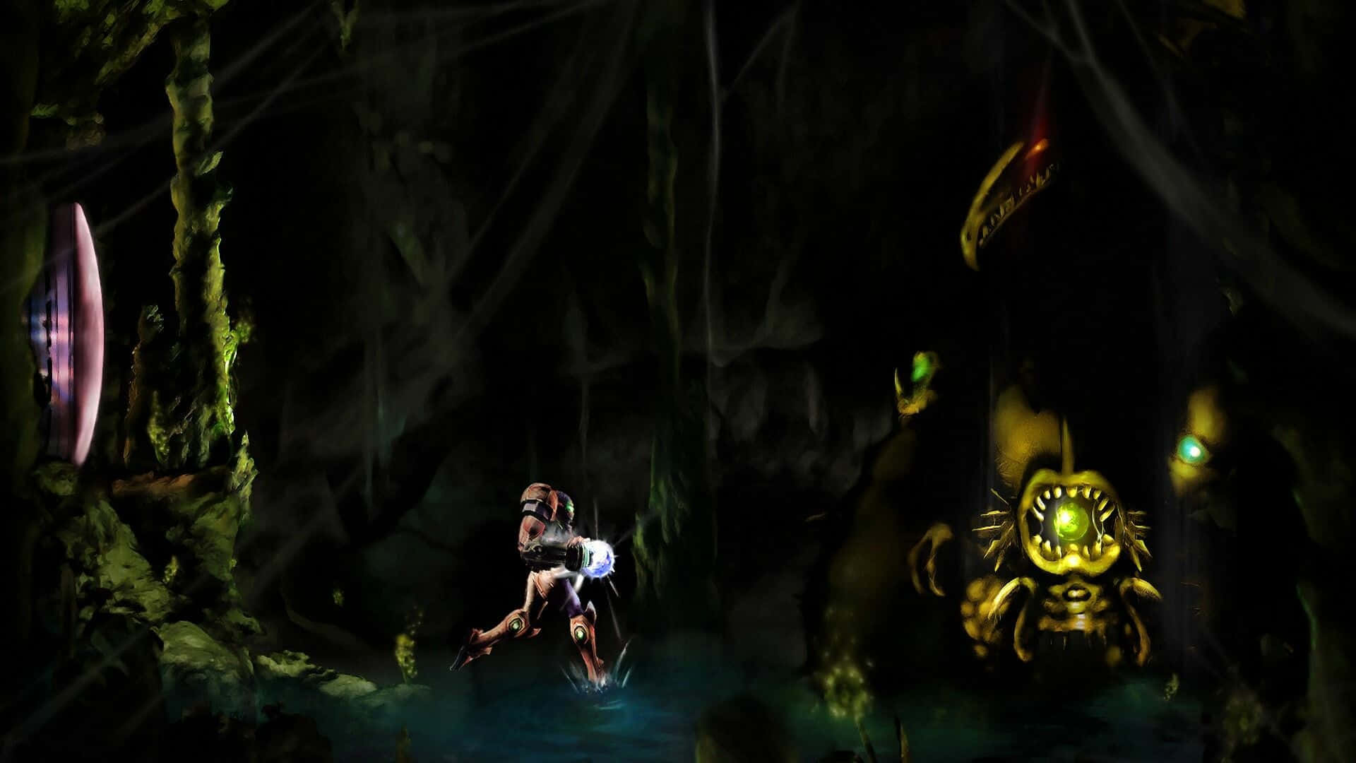 A Woman Is Standing In A Dark Cave Background