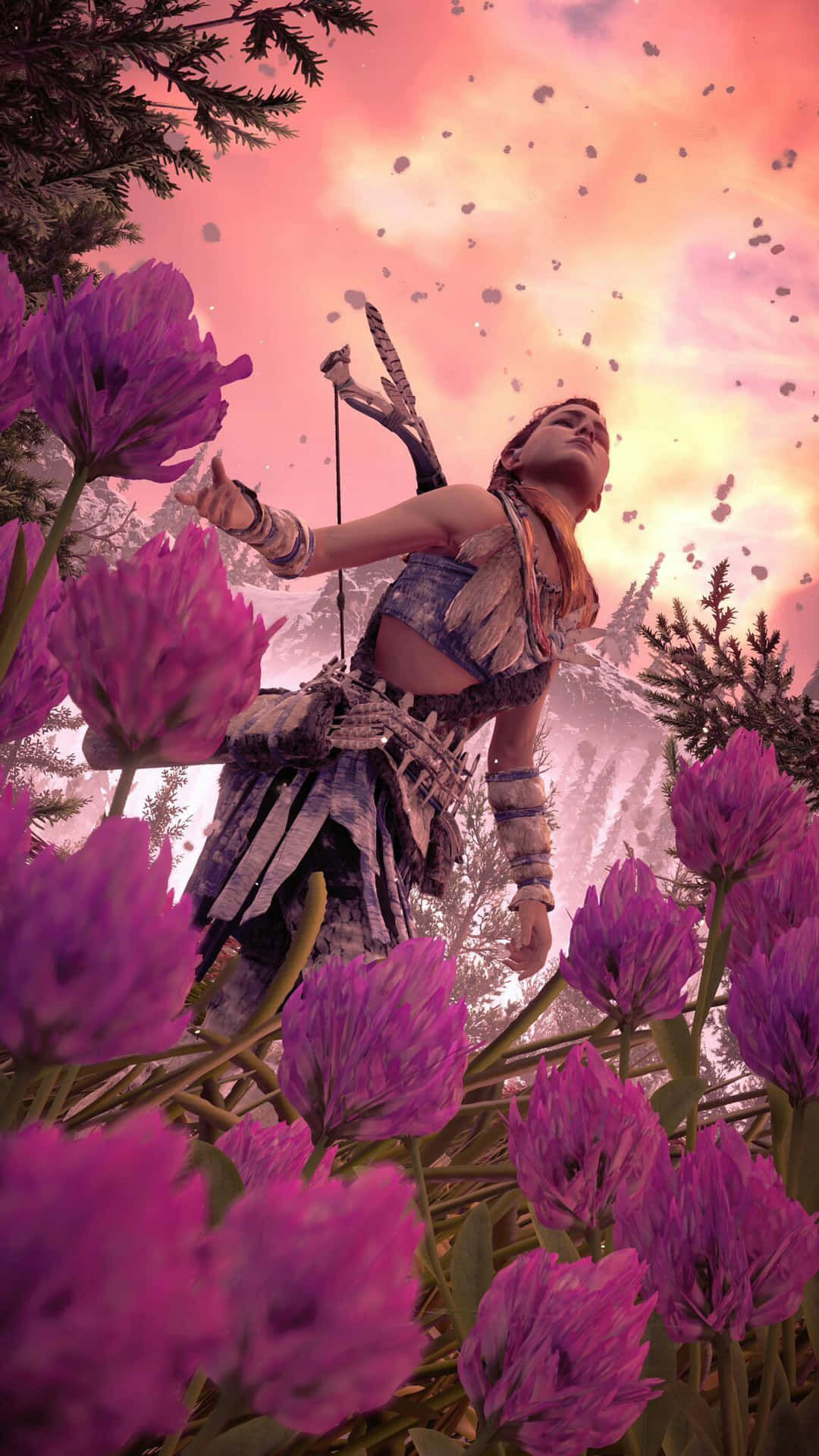 A Woman Is Standing In A Field Of Purple Flowers