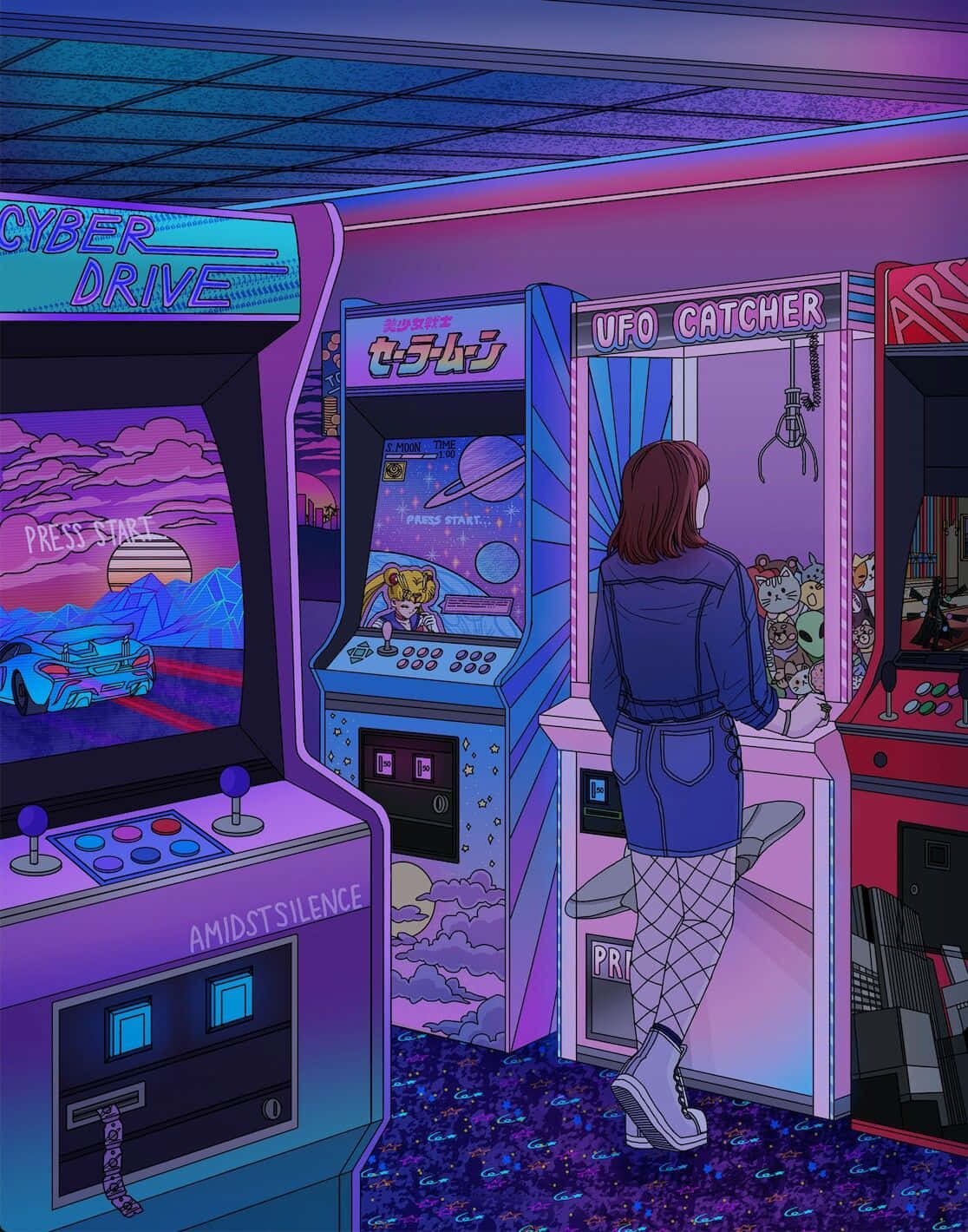 A Woman Is Standing In Front Of A Bunch Of Arcade Machines Background