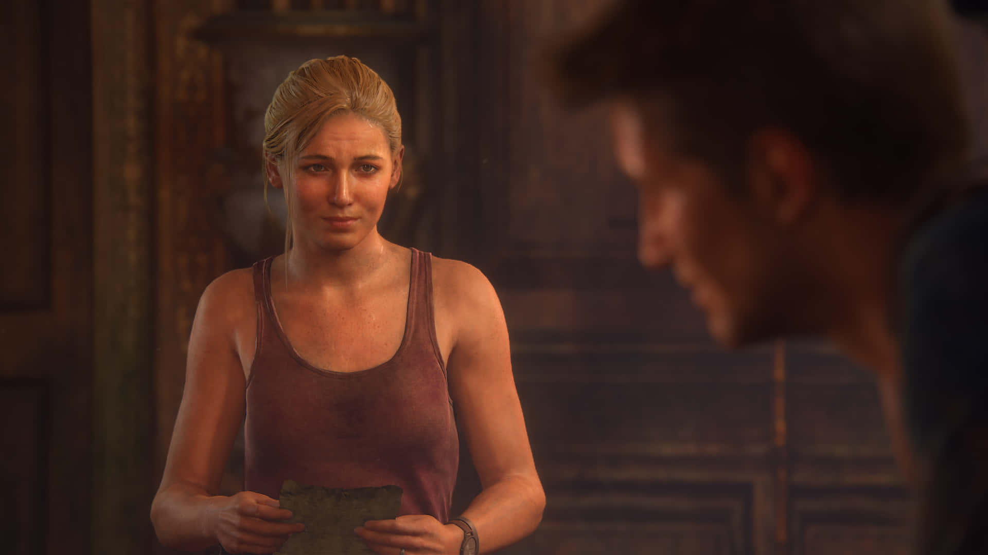 A Woman Is Standing Next To A Man In A Video Game Background