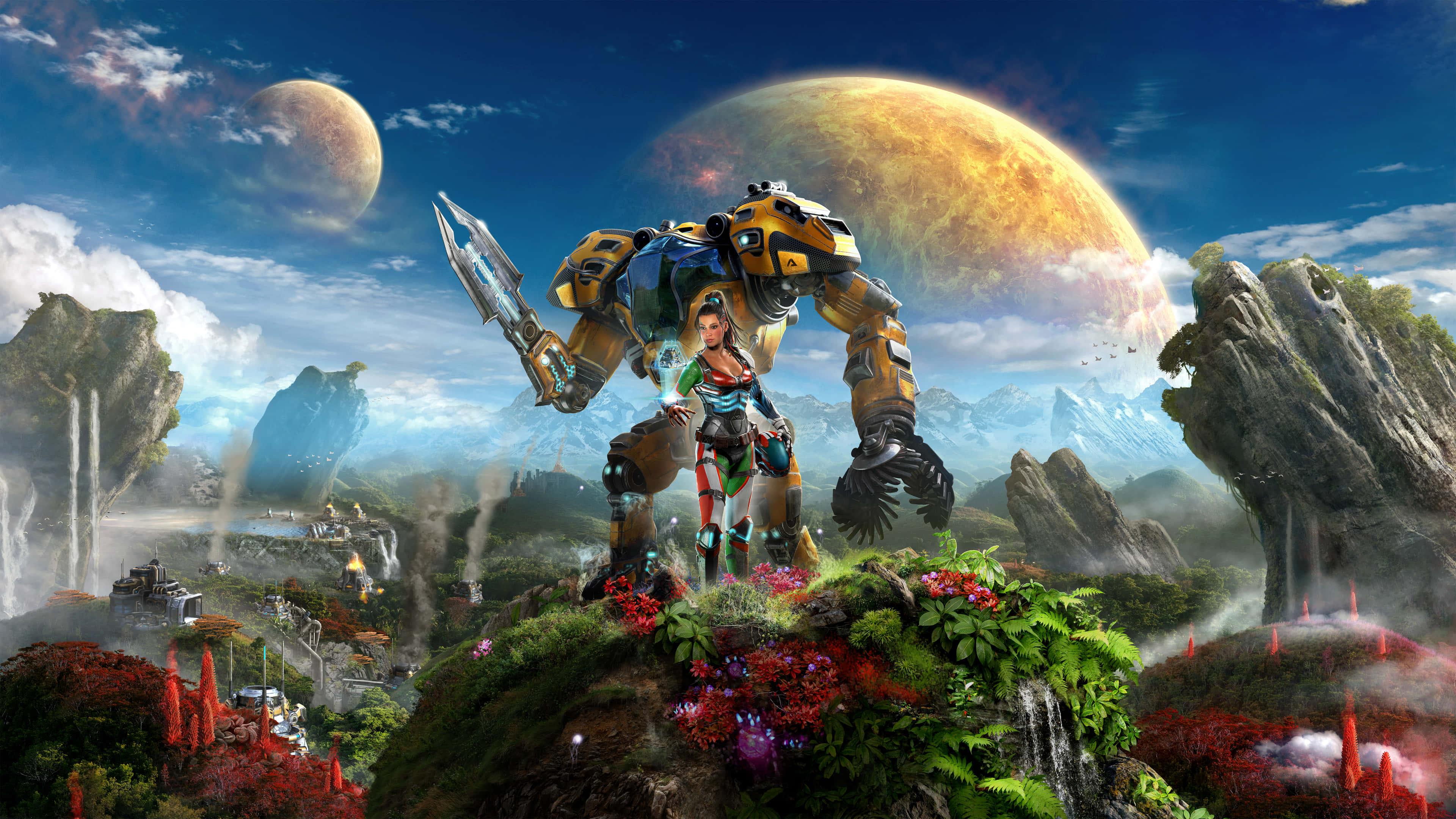 A Woman Is Standing On A Mountain With A Robot In The Background Background