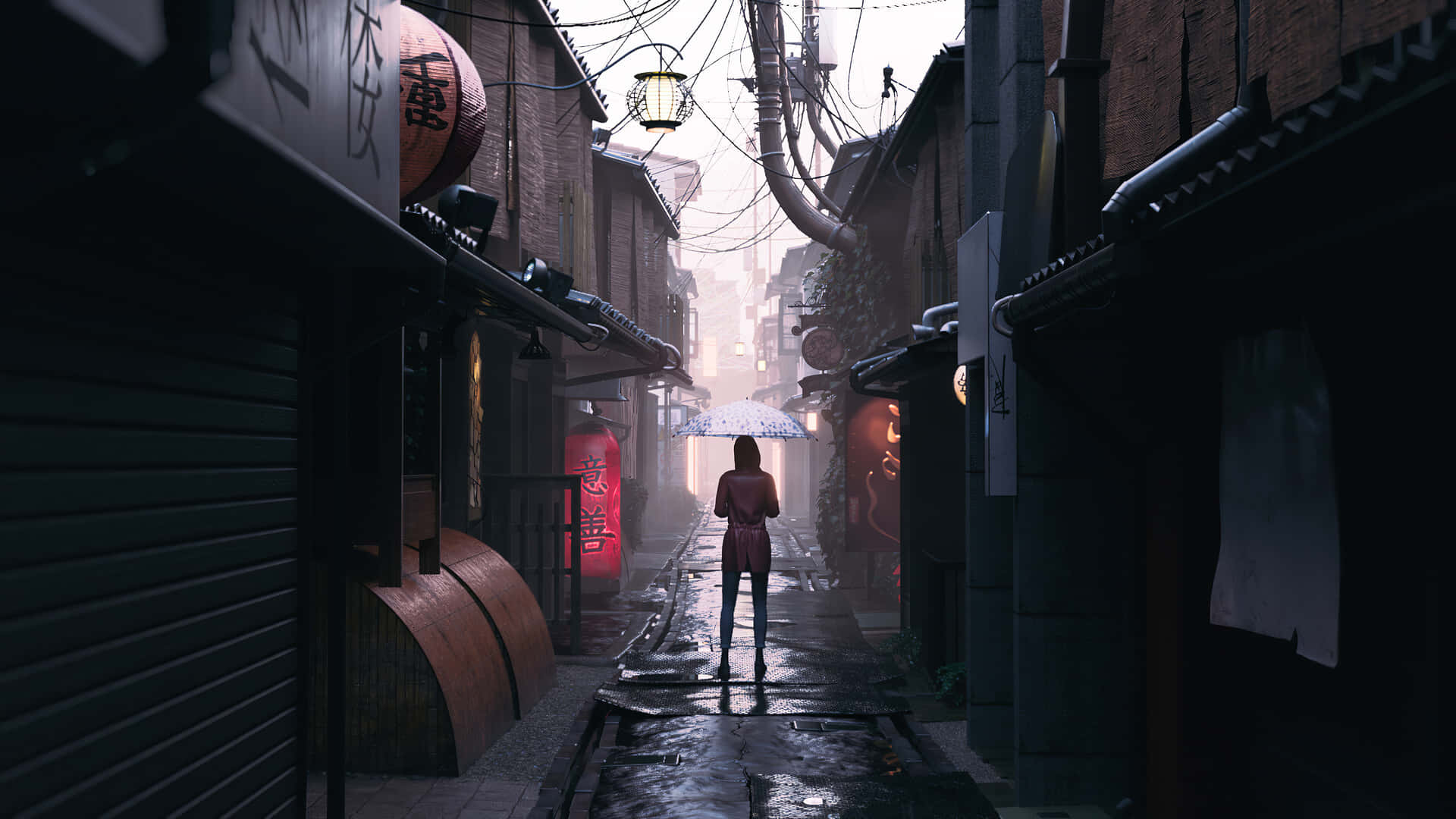 A Woman Is Walking Down A Narrow Alley Background