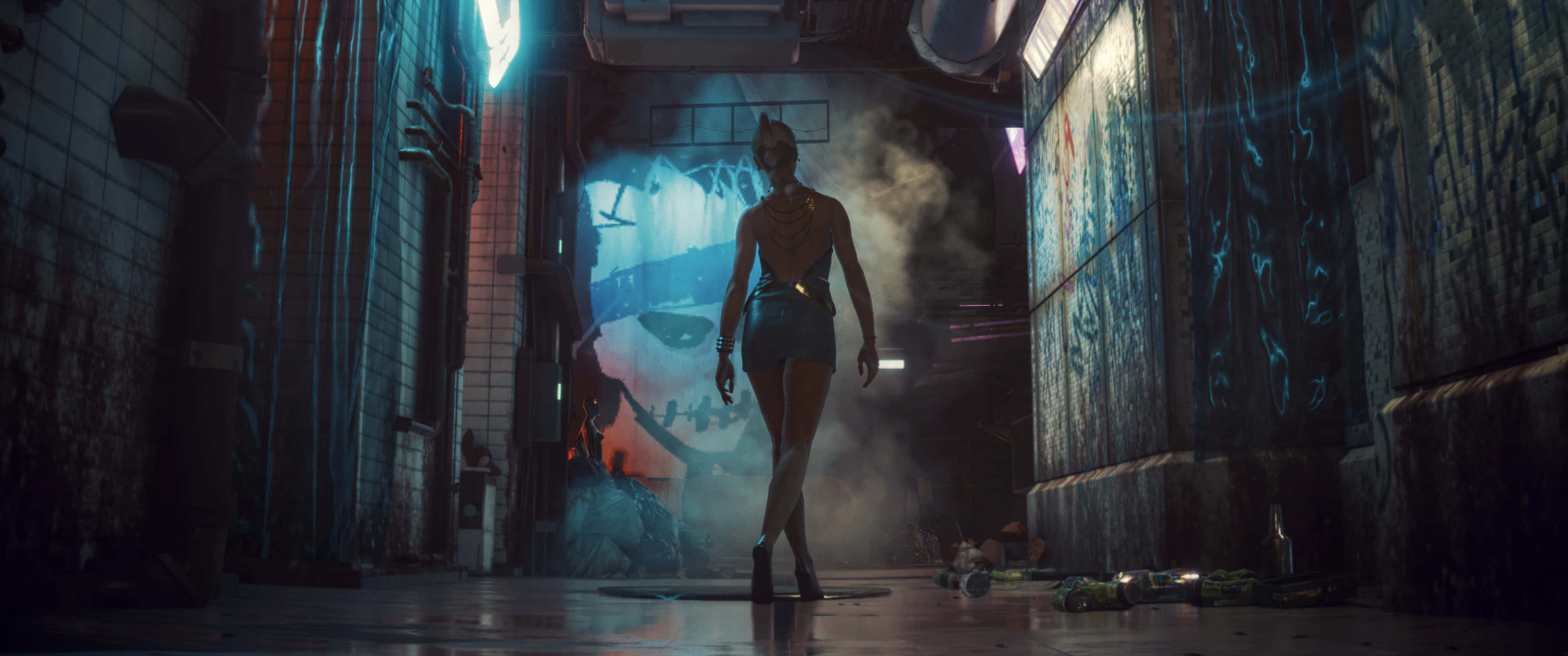 A Woman Is Walking Down An Alley With Neon Lights Background