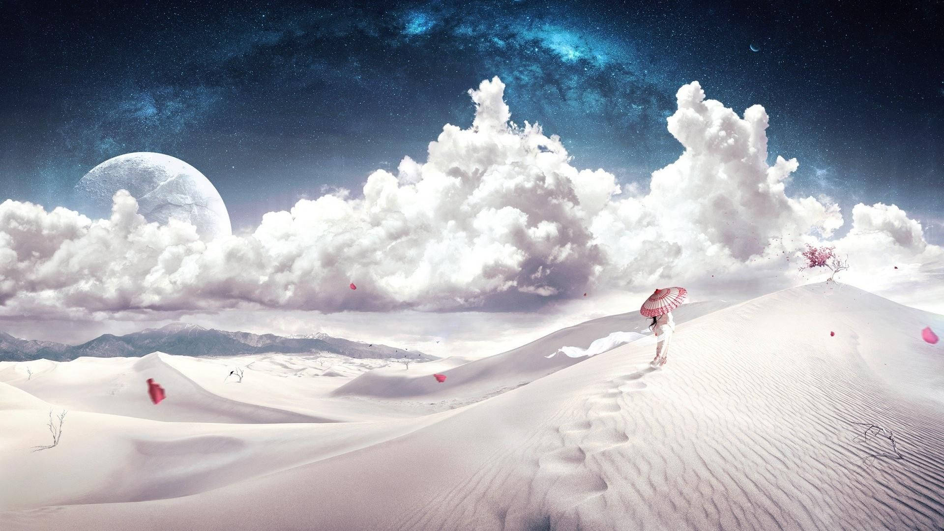 A Woman Is Walking Through A Desert With Clouds And A Moon Background